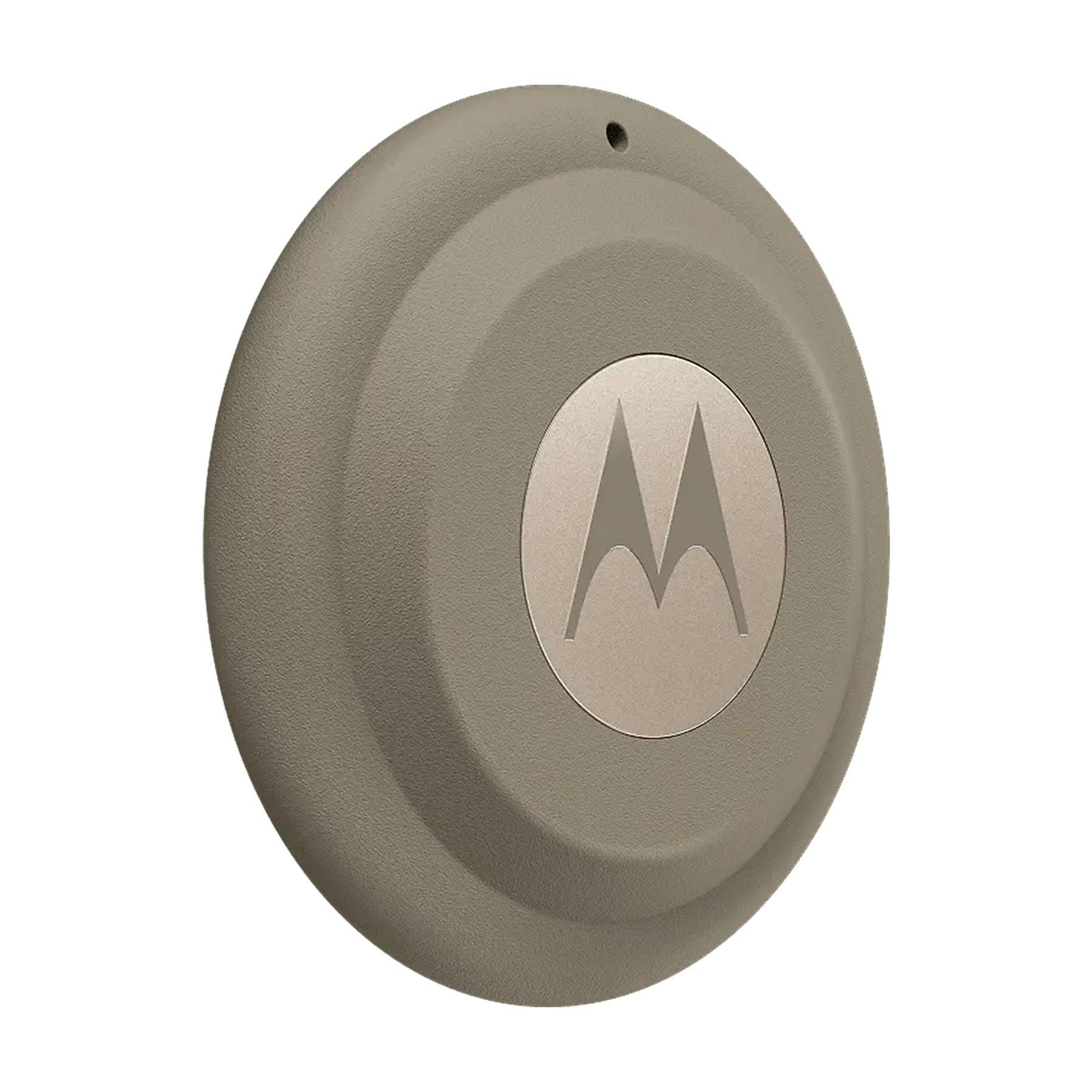 Un disco de seguimiento Motorola redondo y gris con el logo de Motorola en el centro.