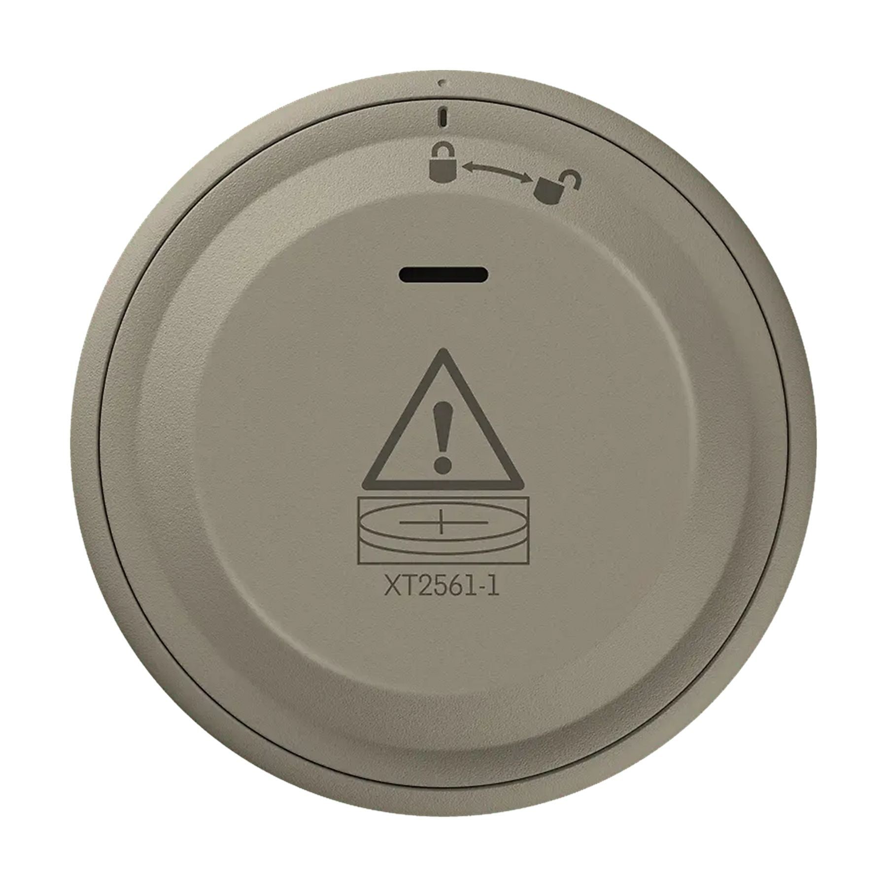 Un detector de humo gris con símbolo de advertencia y número de modelo XT2561-1.