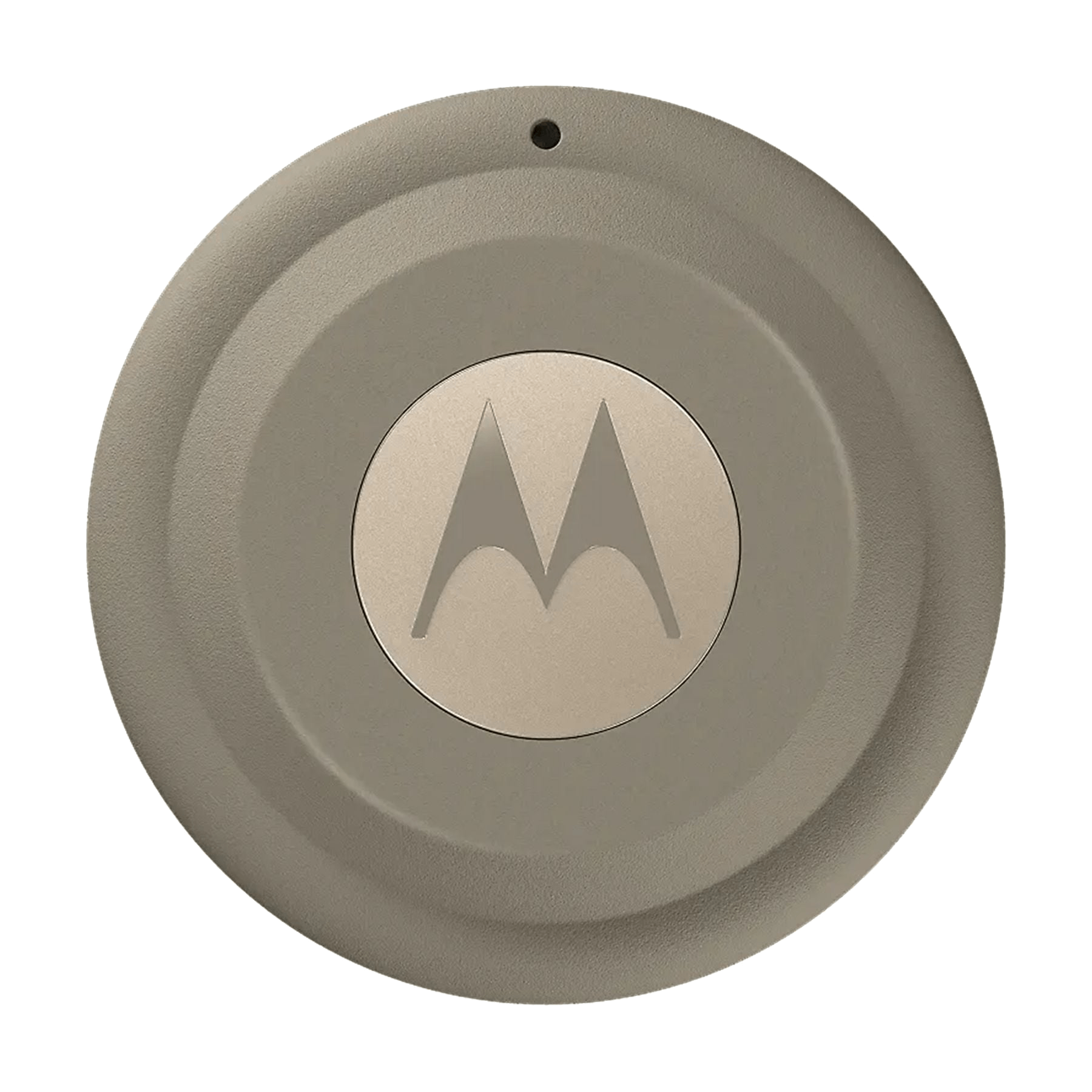 Un dispositivo Motorola redondo y gris con logo M.