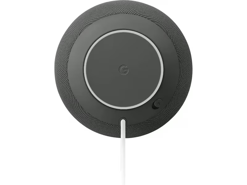 Altavoz inteligente gris oscuro con logo de Google en la base.