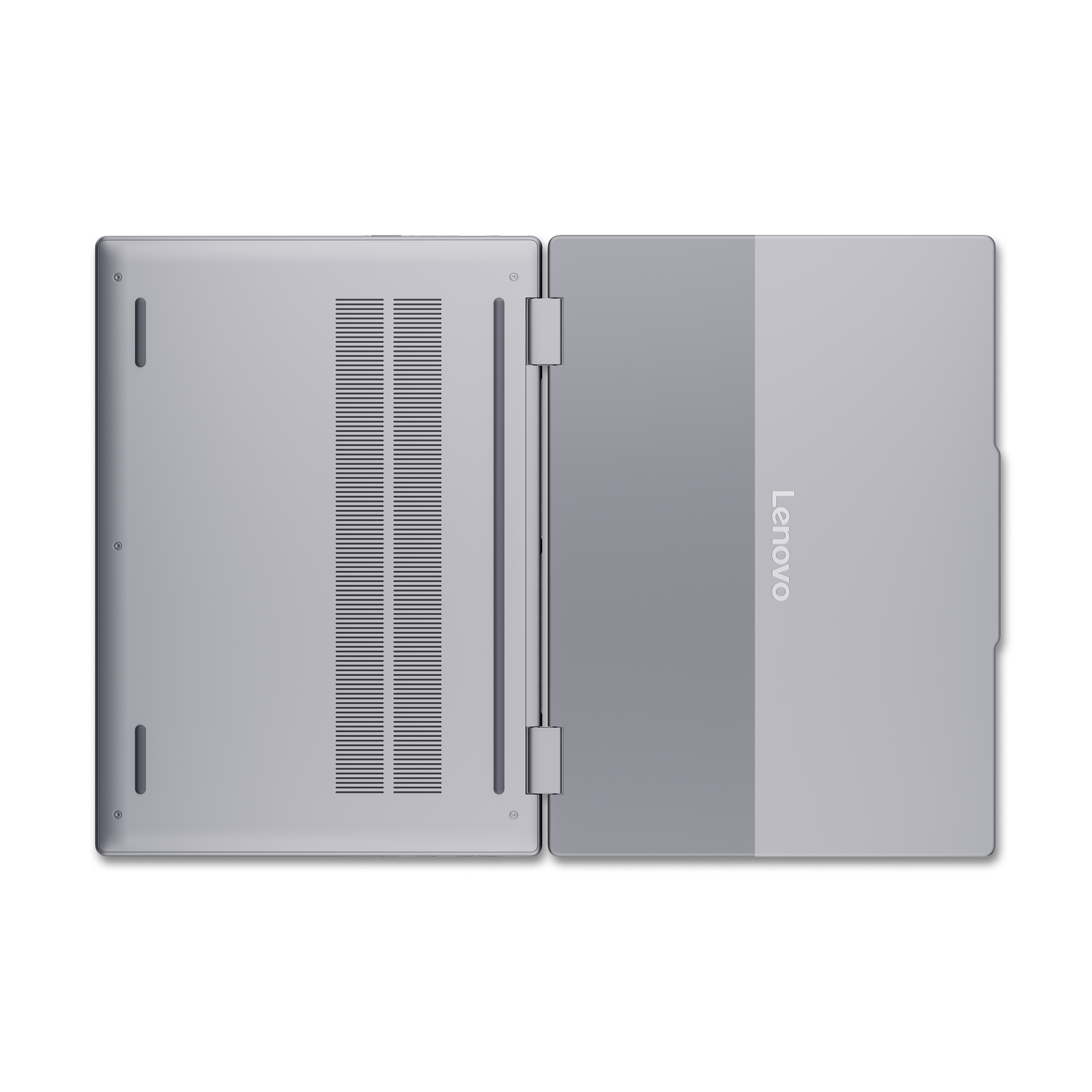 Grauer Lenovo Laptop, Unterseite und zugeklappter Deckel.