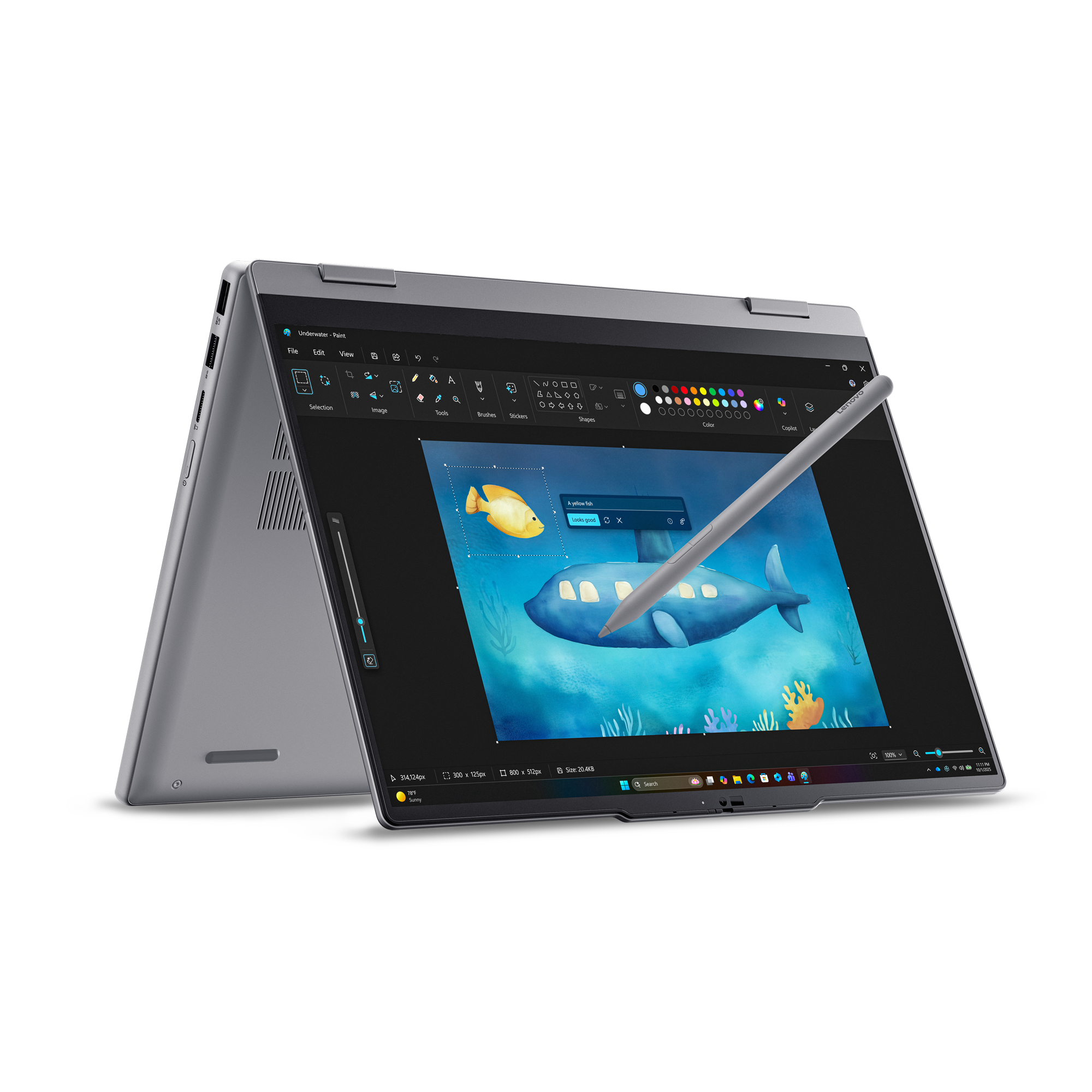 Ein silberner Laptop mit einem Stift, der auf dem Bildschirm eine Unterwasser-Zeichnung erstellt.