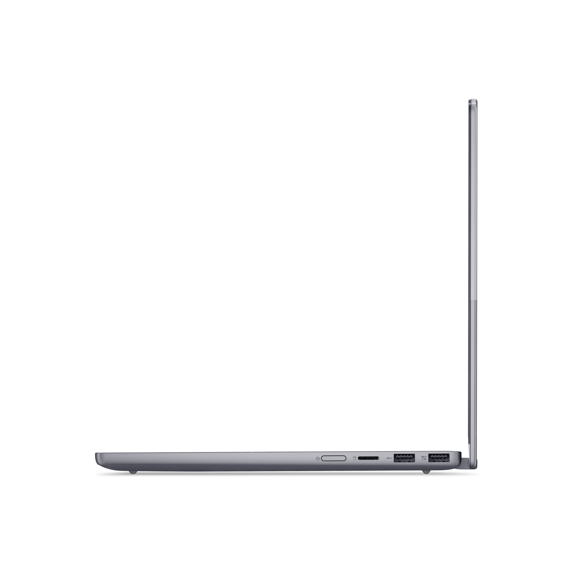 Graues Laptop im Seitenprofil, mit Anschlössen an der Seite.