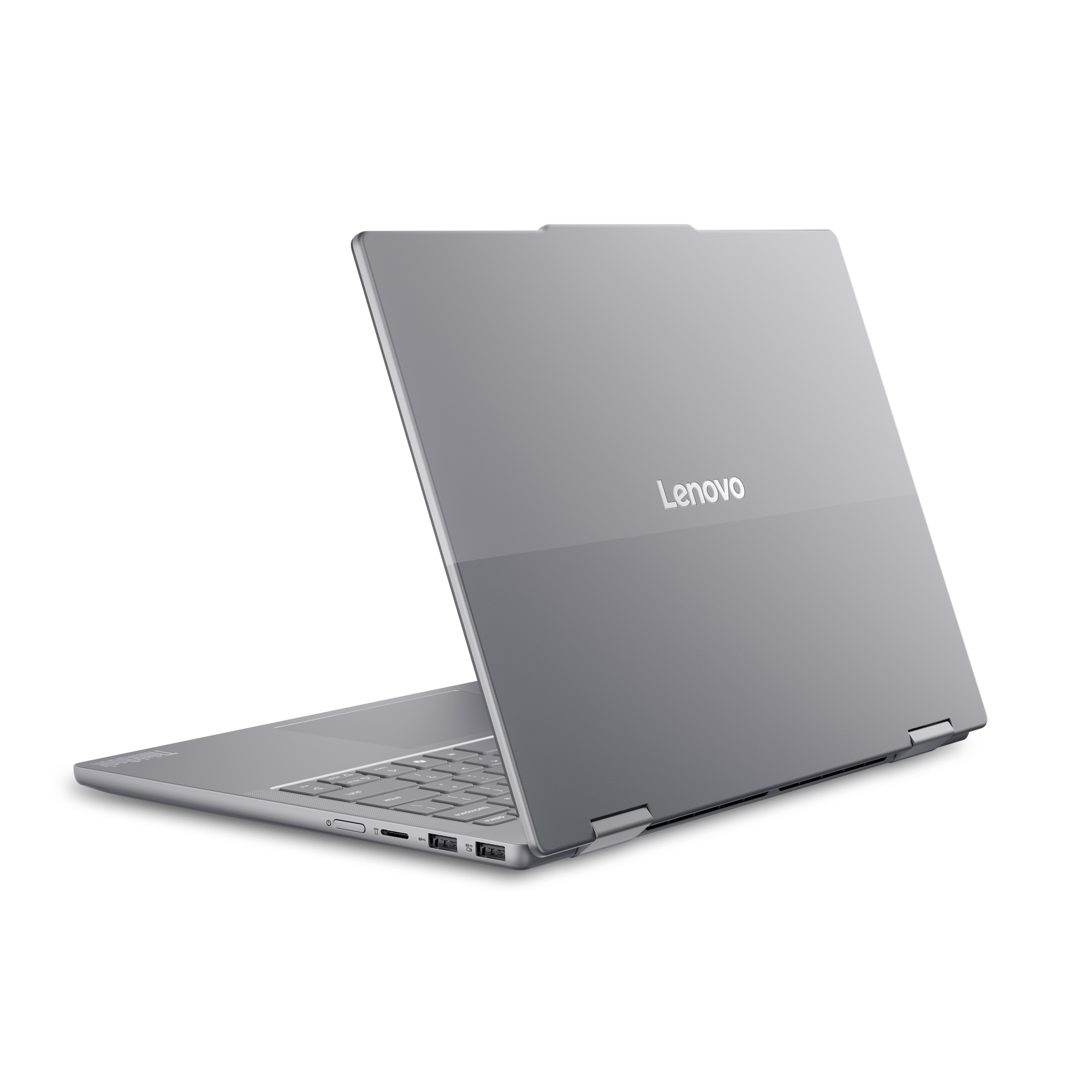 Ein silbernes Lenovo-Laptop mit aufgeklapptem Bildschirm auf schwarzem Hintergrund.