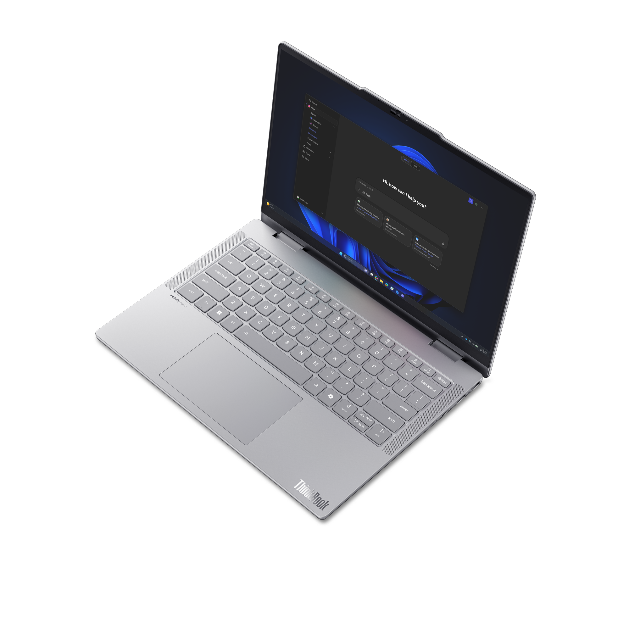 Ein silberner Laptop mit geöffnetem Bildschirm, der eine Chat-Oberfläche anzeigt.