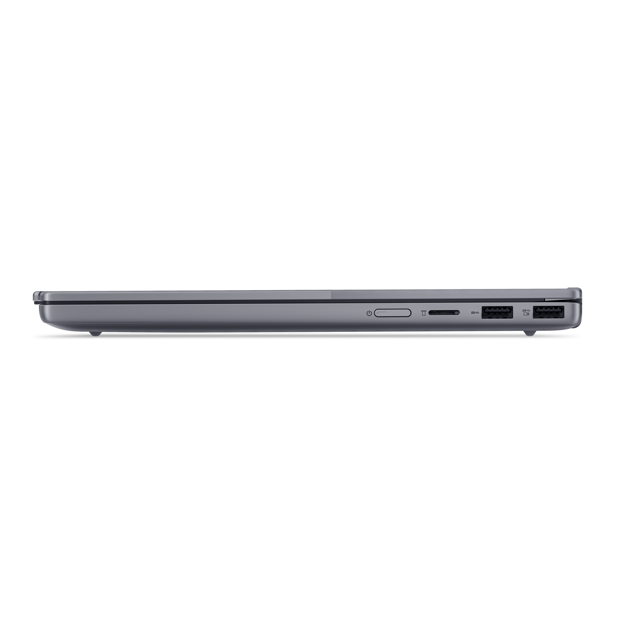 Grauer Laptop-Seite mit Anschlüssen: Netzschalter, SD-Karte, 2x USB