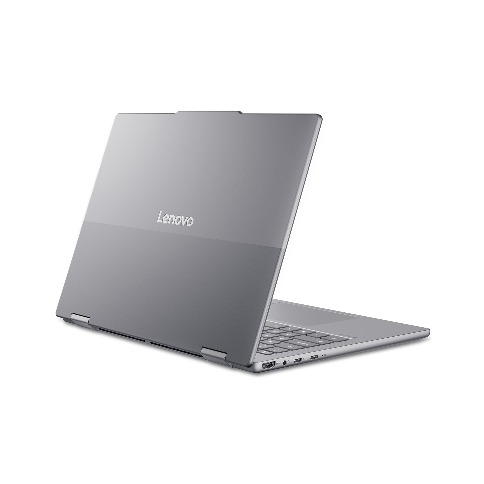 Ein silberner Lenovo Laptop mit aufgeklapptem Bildschirm auf schwarzem Hintergrund.