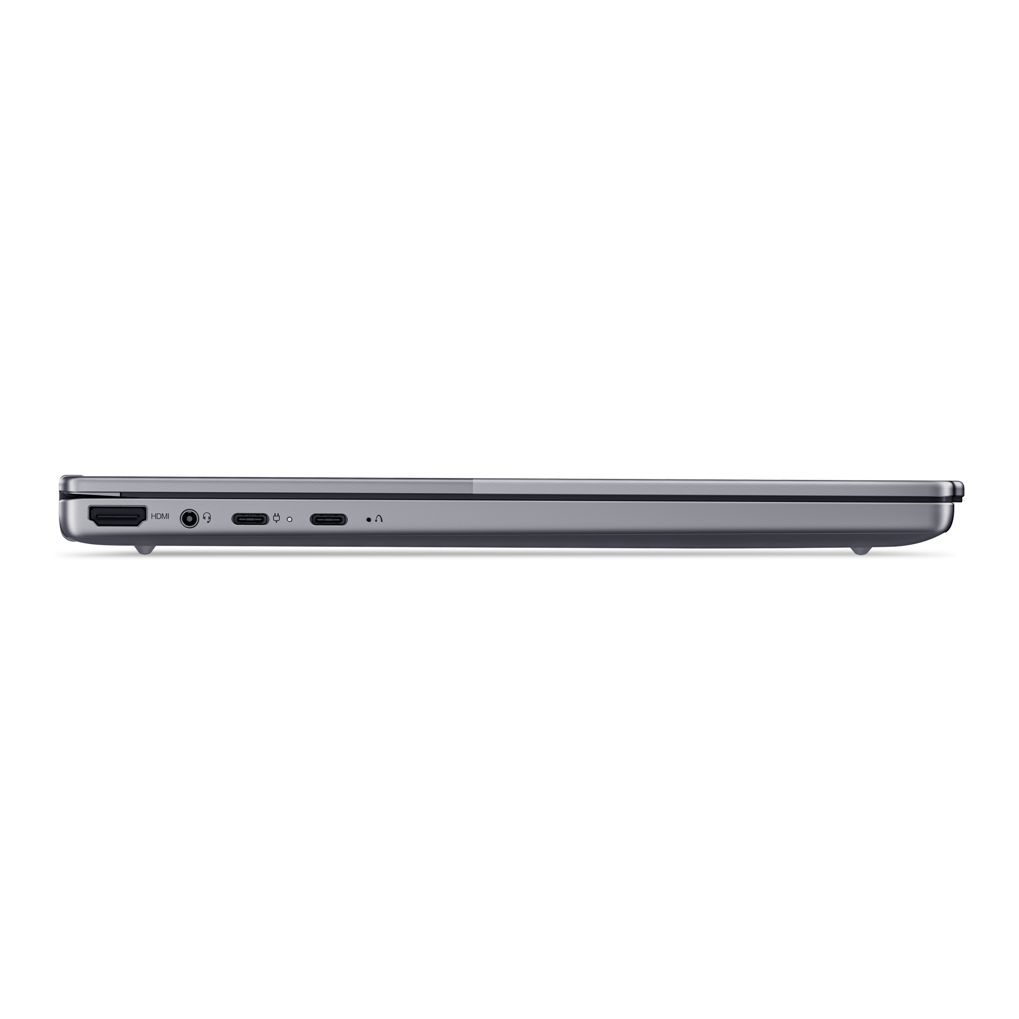 Ein graues Laptop-Profil mit Anschlüssen: HDMI, Klinke, zwei USB-C, ein weiterer USB-C.