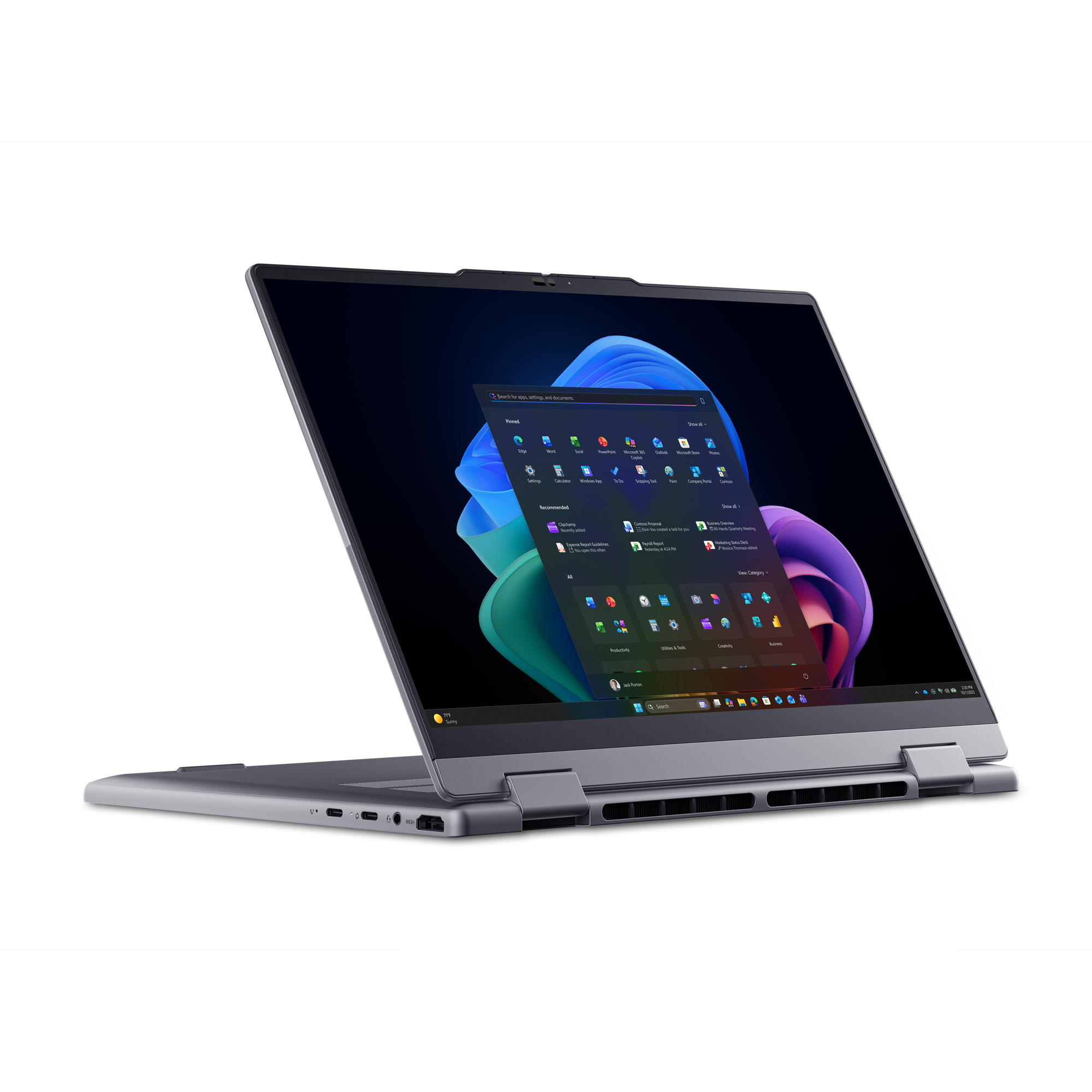 Grauer Laptop mit geöffnetem Bildschirm, der das Windows 11 Startmenü zeigt.