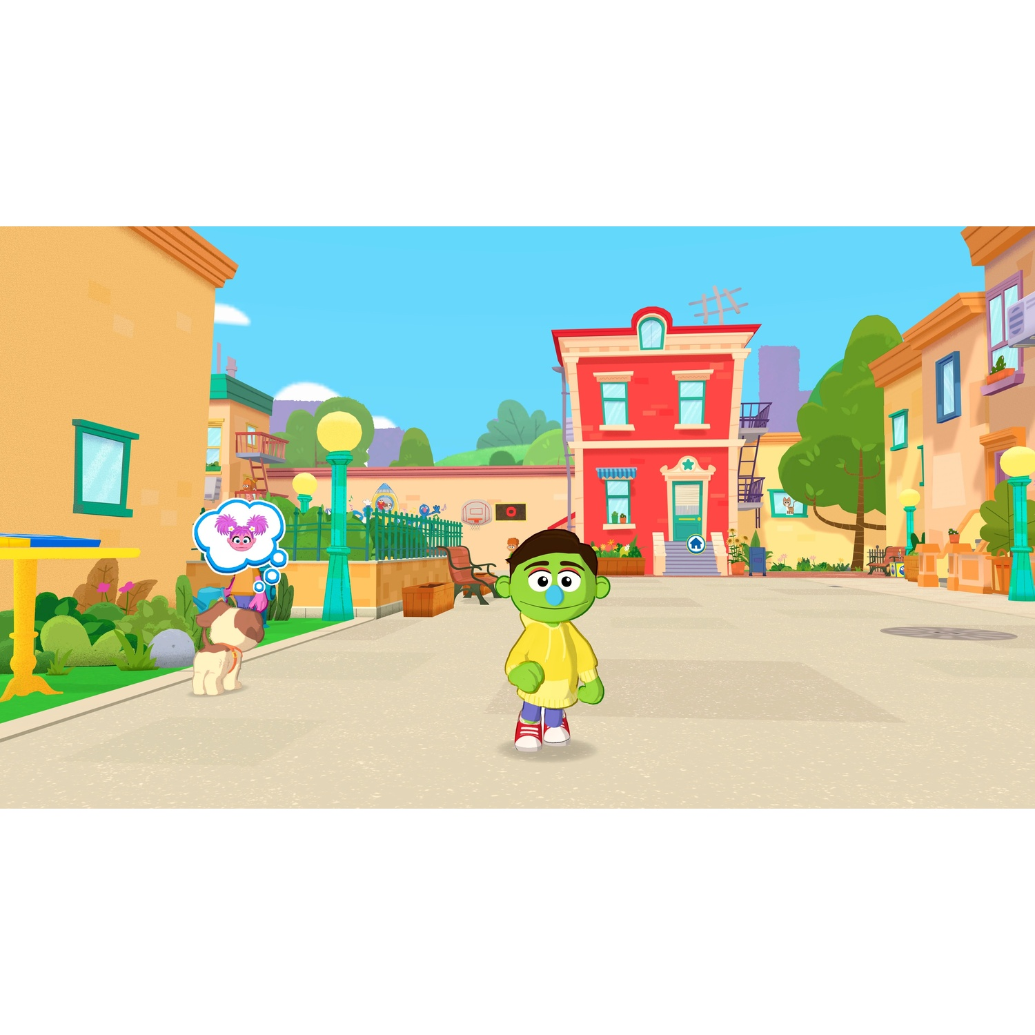 Een groene jongen en een hond op een kleurrijke stadsstraat met gebouwen en bomen.