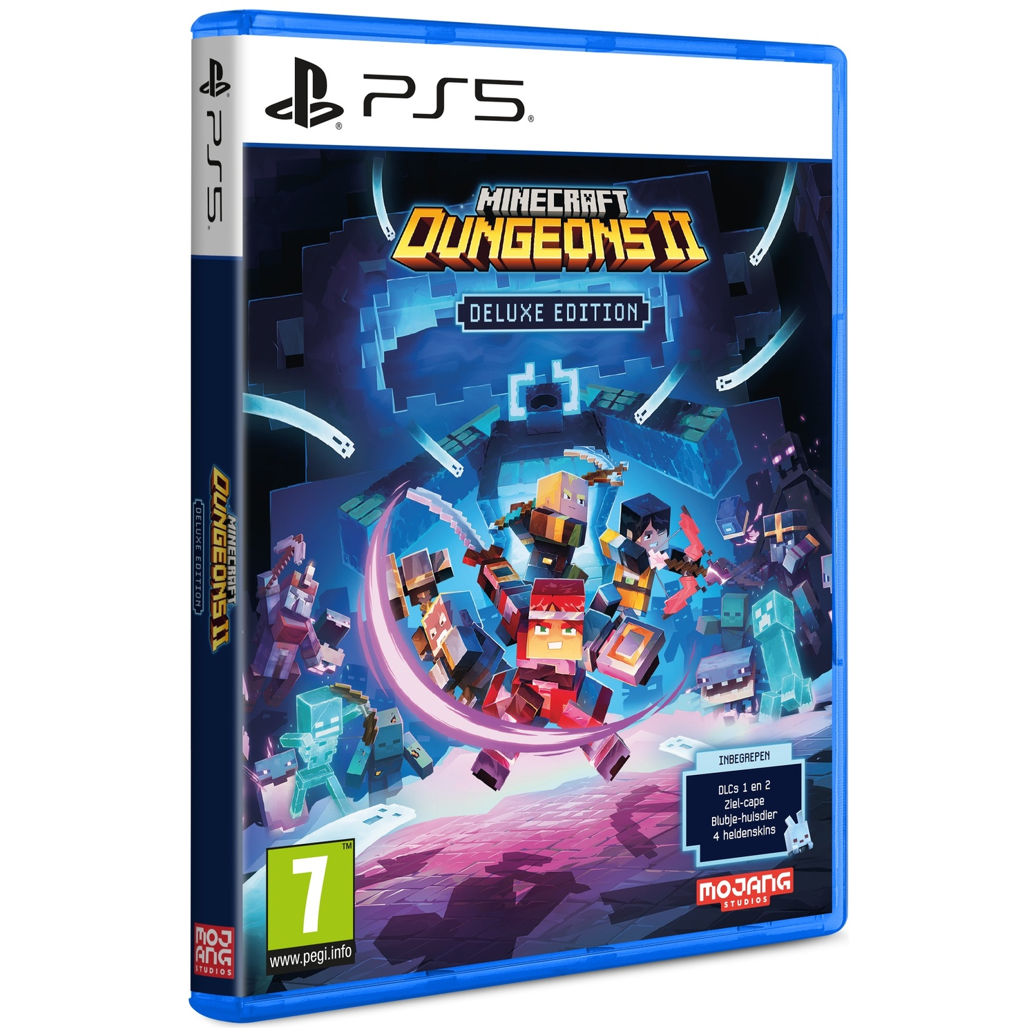 Minecraft Dungeons II Deluxe Edition PS5 hoes met personages en logo.