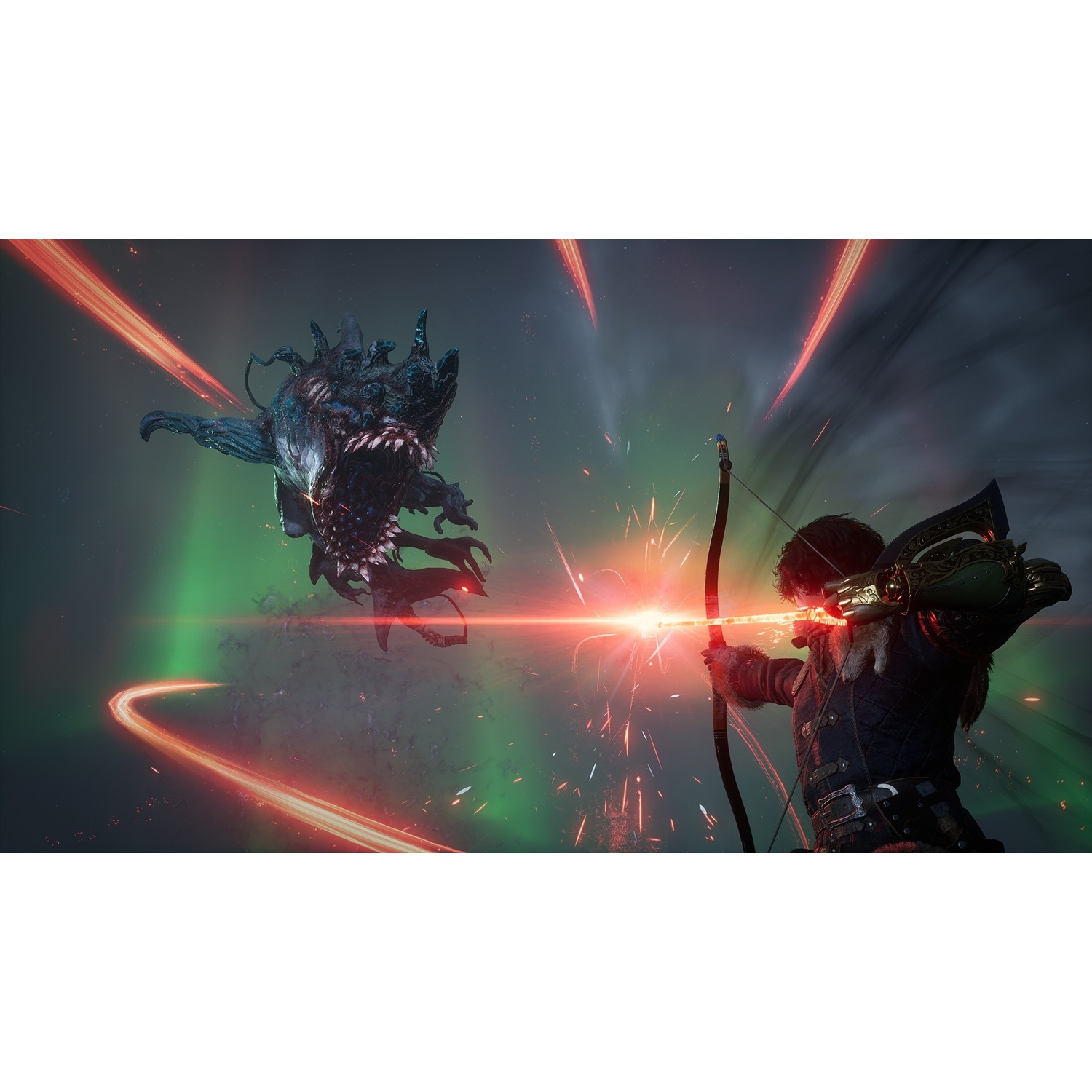 Un archer vise un monstre avec des rayons rouges brillants et des étincelles.