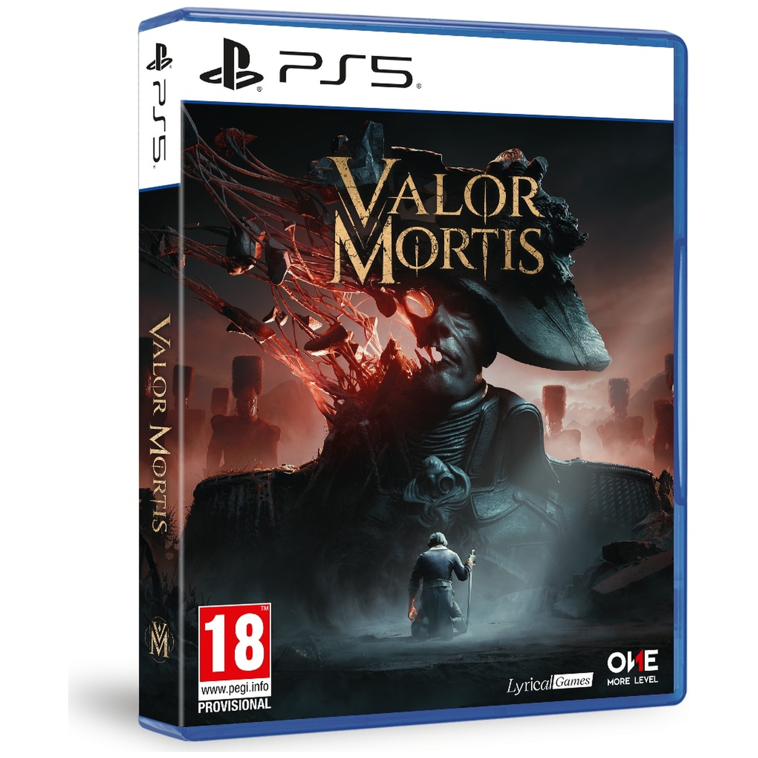 PlayStation 5 game case: Ridder knielt voor gigantische figuur, Valor Mortis logo.