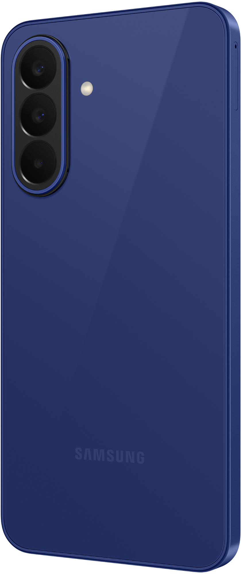 Granatowy smartfon z trzema aparatami i lampą błyskową. Logo Samsung.