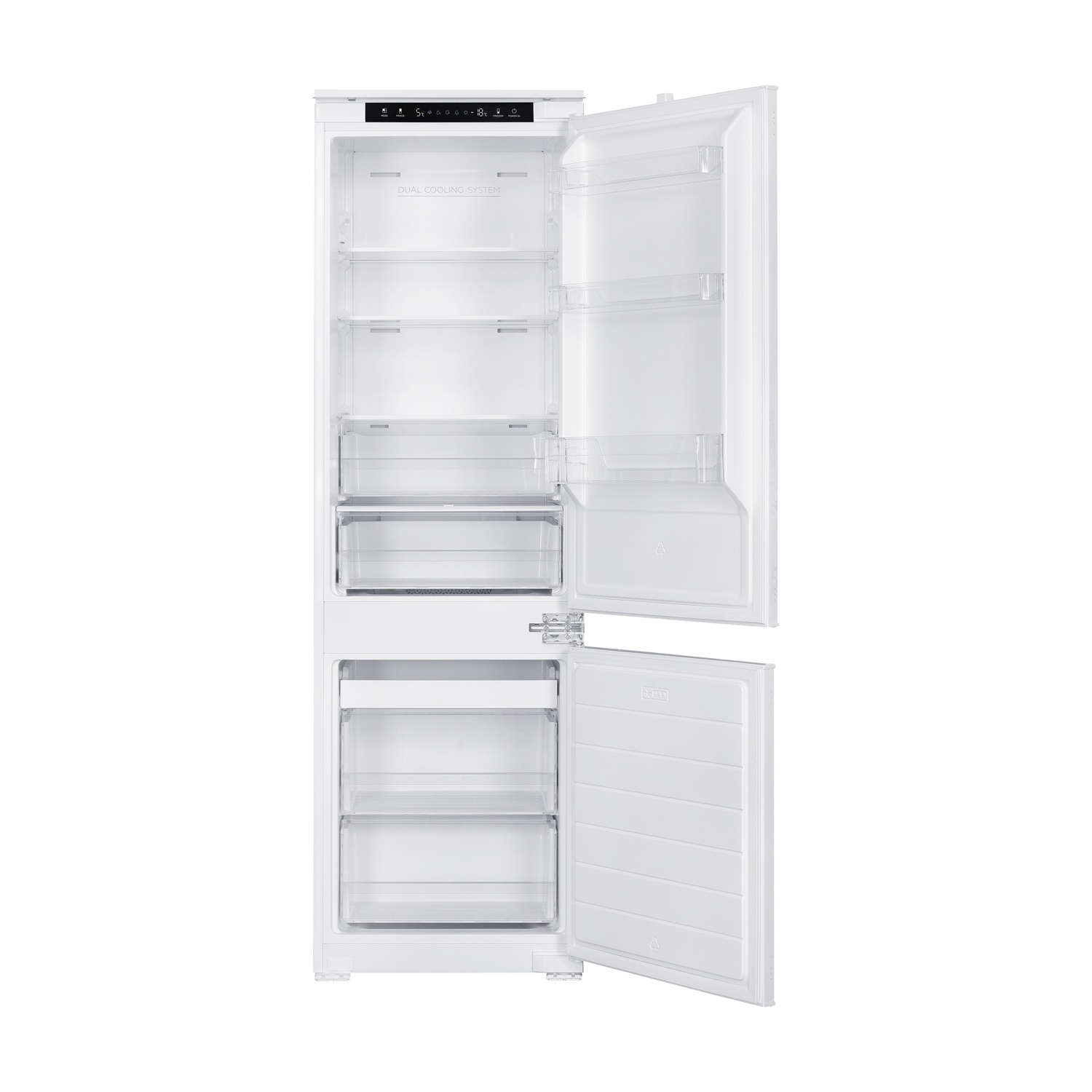 Un frigorifero bianco con le porte del frigorifero e del congelatore aperte.