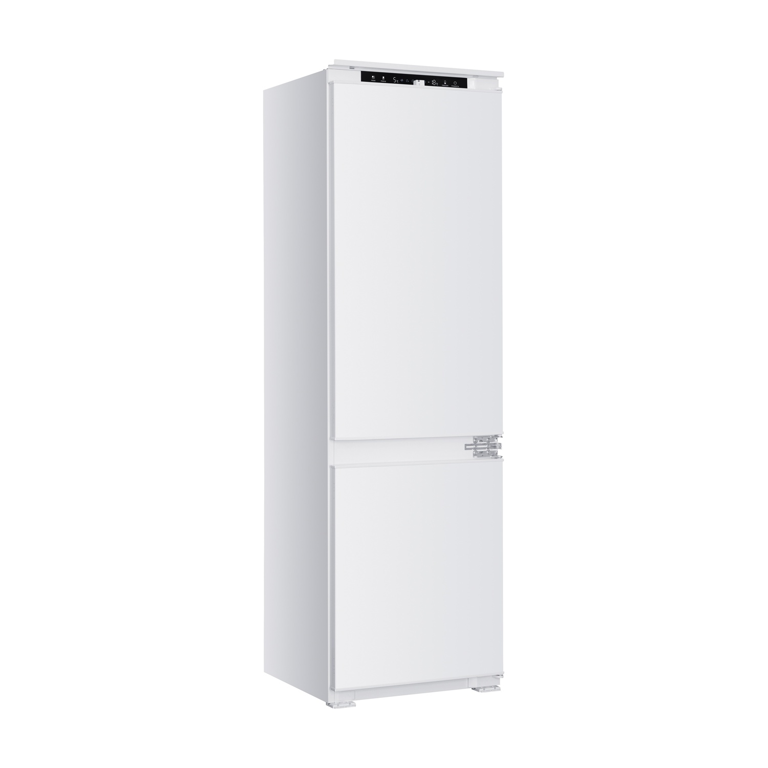 Un elegante frigorifero-congelatore bianco con display digitale in alto.