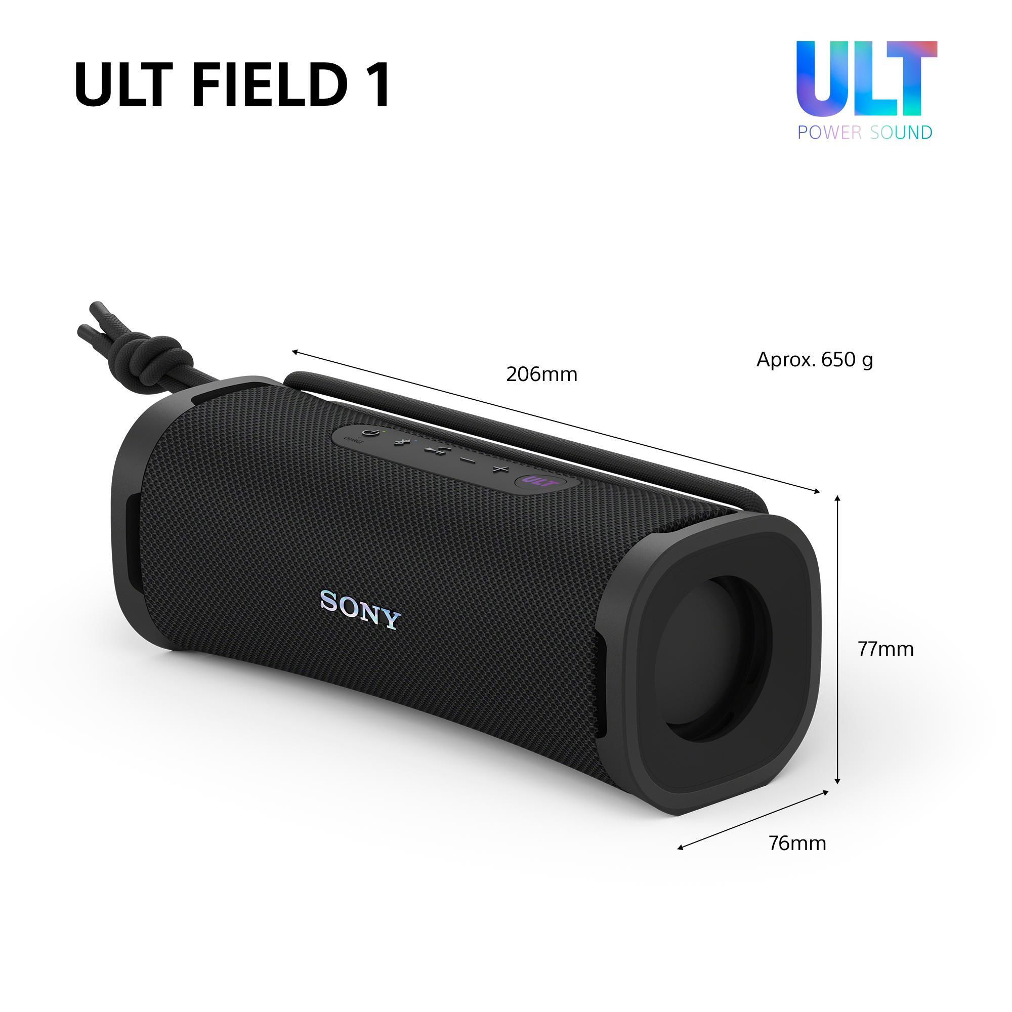 Altavoz negro Sony ULT FIELD 1, dimensiones 206x77x76mm, aprox. 650g.