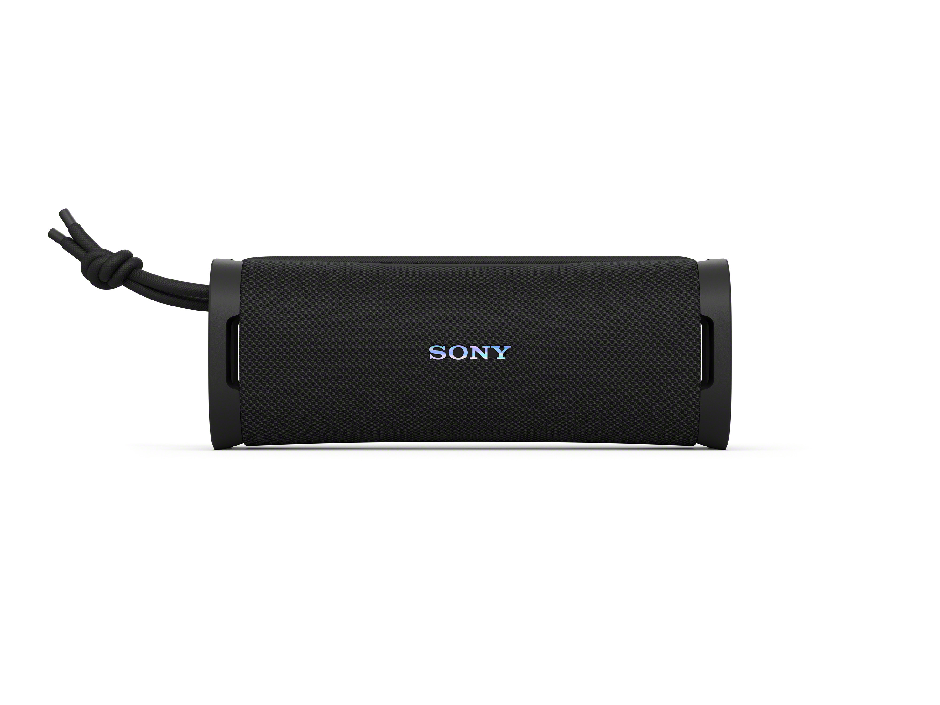 Altavoz Sony negro con cordón, sobre fondo blanco.