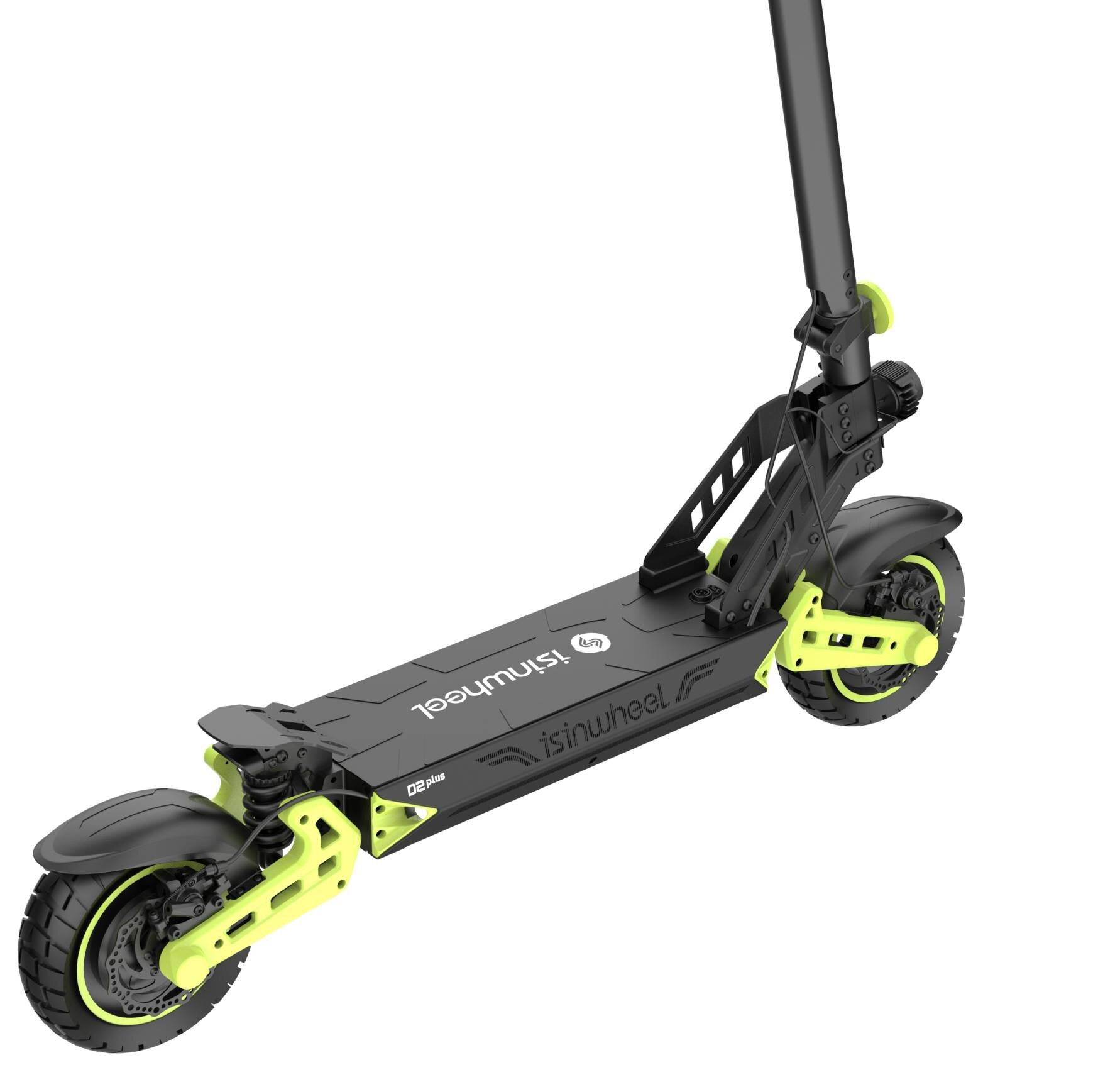 Czarna hulajnoga elektryczna z jasnożółtymi akcentami i oznaczeniem "isinwheel D2 plus".