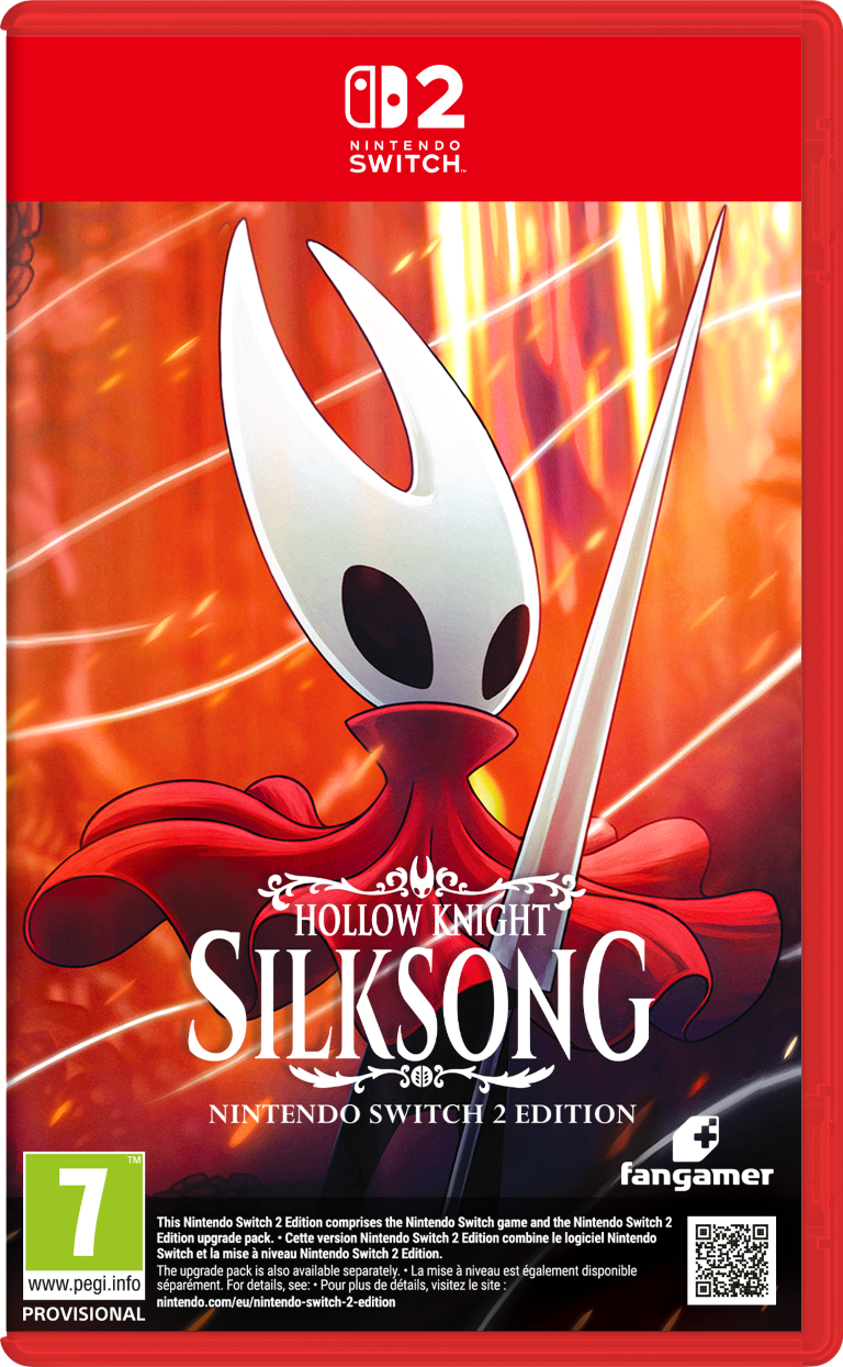 Hollow Knight: Silksong na Nintendo Switch 2 Edition, z postacią, tytułem i oceną PEGI 7.