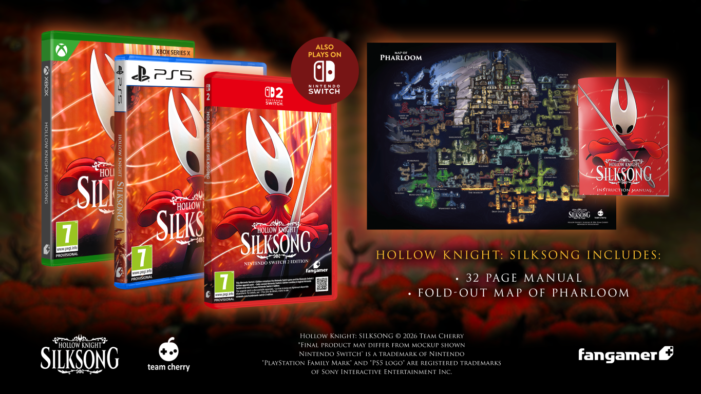 Pudełka gry Hollow Knight: Silksong na Xbox, PS5, Switch, mapa i instrukcja.