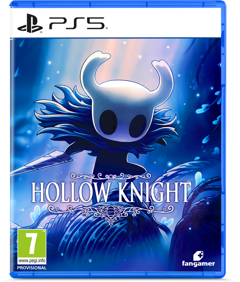 Okładka gry Hollow Knight przedstawiająca rycerza z maską i rogami na tle niebieskiego, świecącego tła.