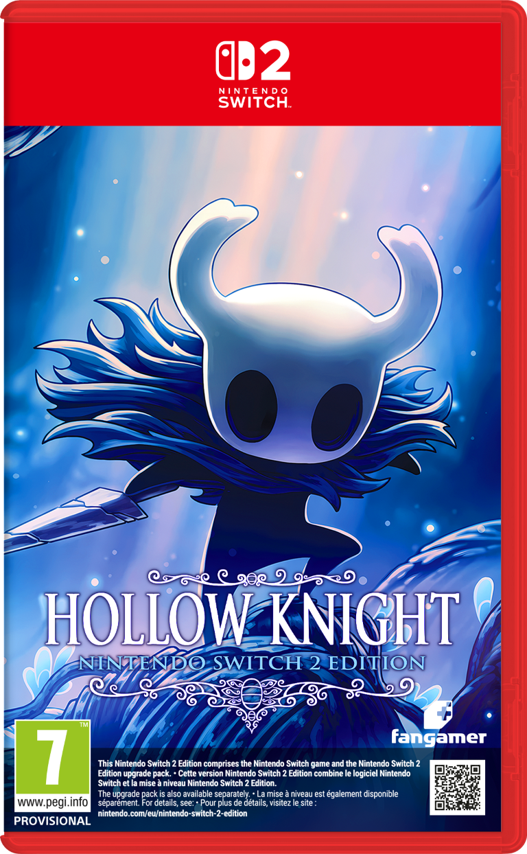 Hollow Knight na Nintendo Switch: Biała postać z rogami trzyma miecz. Niebieskie tło.