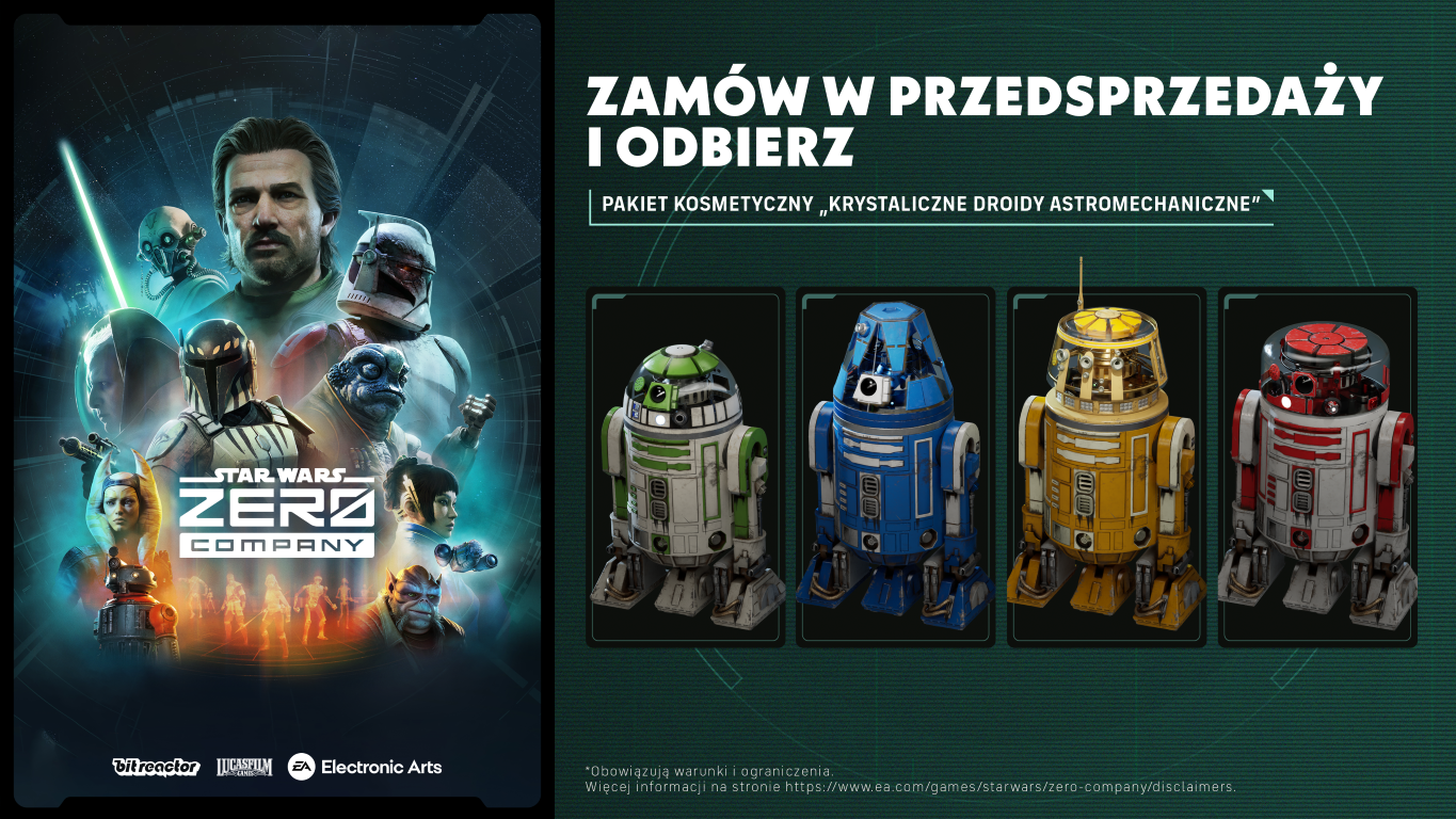 Grafika Star Wars Zero Company: Postacie i 4 droidy astromechaniczne. Bonus za pre-order.