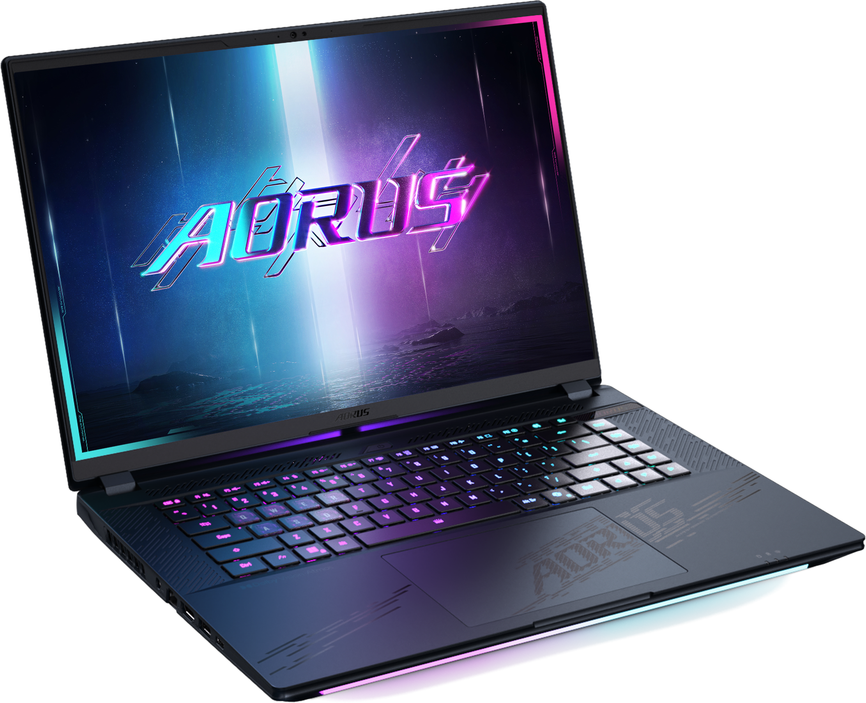 Laptop gaming Aorus con tastiera illuminata e logo al neon sullo schermo, su sfondo nero.