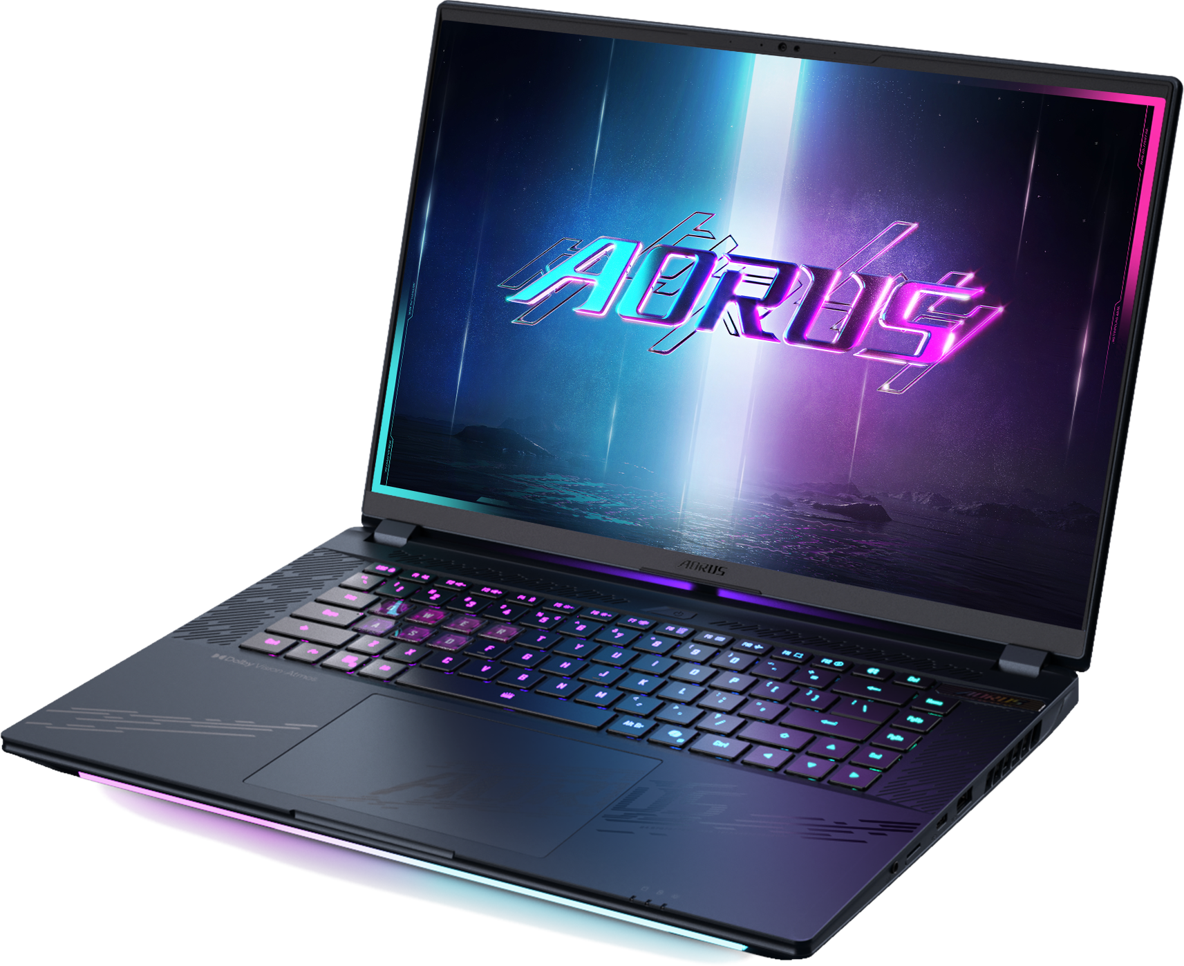 Un laptop chiuso con tastiera retroilluminata e logo AORUS sullo schermo.
