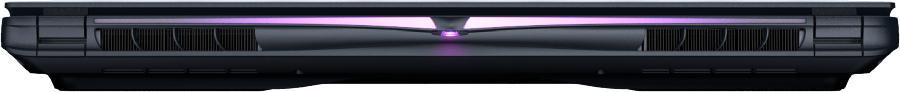 Laptop nero con illuminazione d'accento viola e griglie di ventilazione.