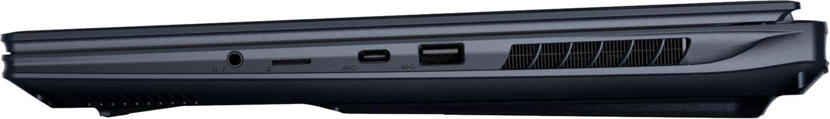 Lato laptop: jack cuffie, lettore schede SD, USB-C, USB-A e prese d'aria.
