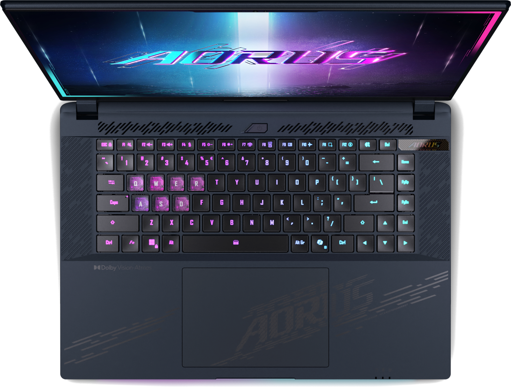 Un laptop AORUS scuro con tastiera retroilluminata e schermo accattivante.