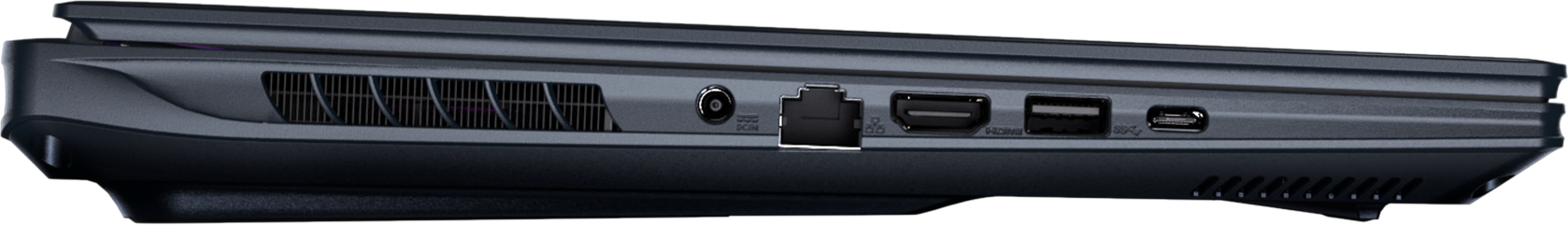 Primo piano delle porte di un laptop nero: ventola, DC-IN, Ethernet, HDMI, USB-A e USB-C.