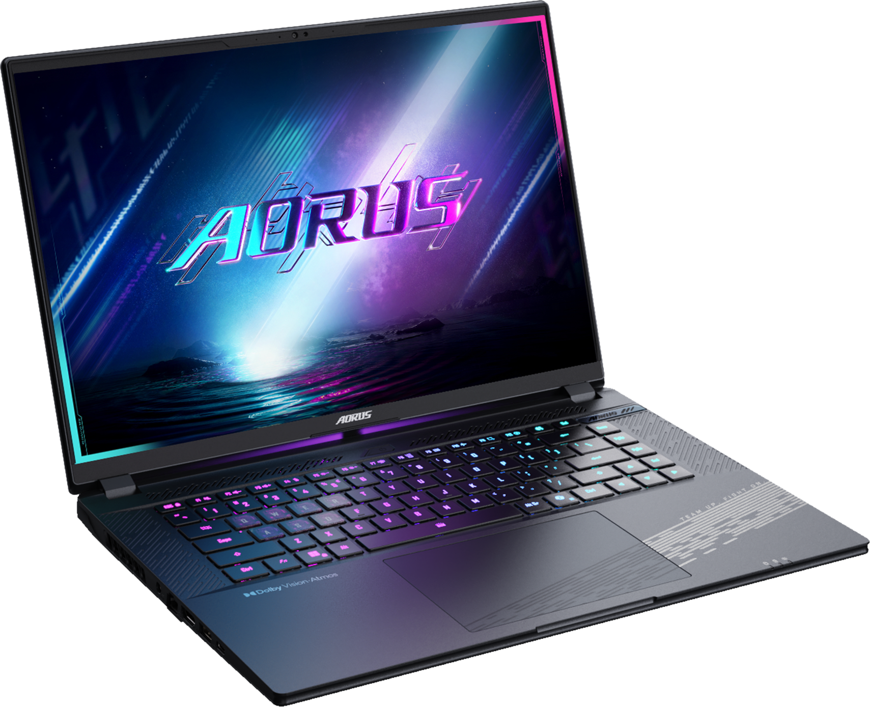 Ordinateur portable Aorus avec clavier et écran lumineux affichant le logo Aorus.