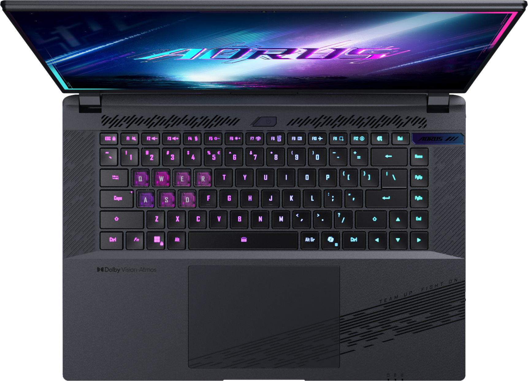 Un ordinateur portable ouvert avec clavier rétroéclairé et logo sur l'écran.