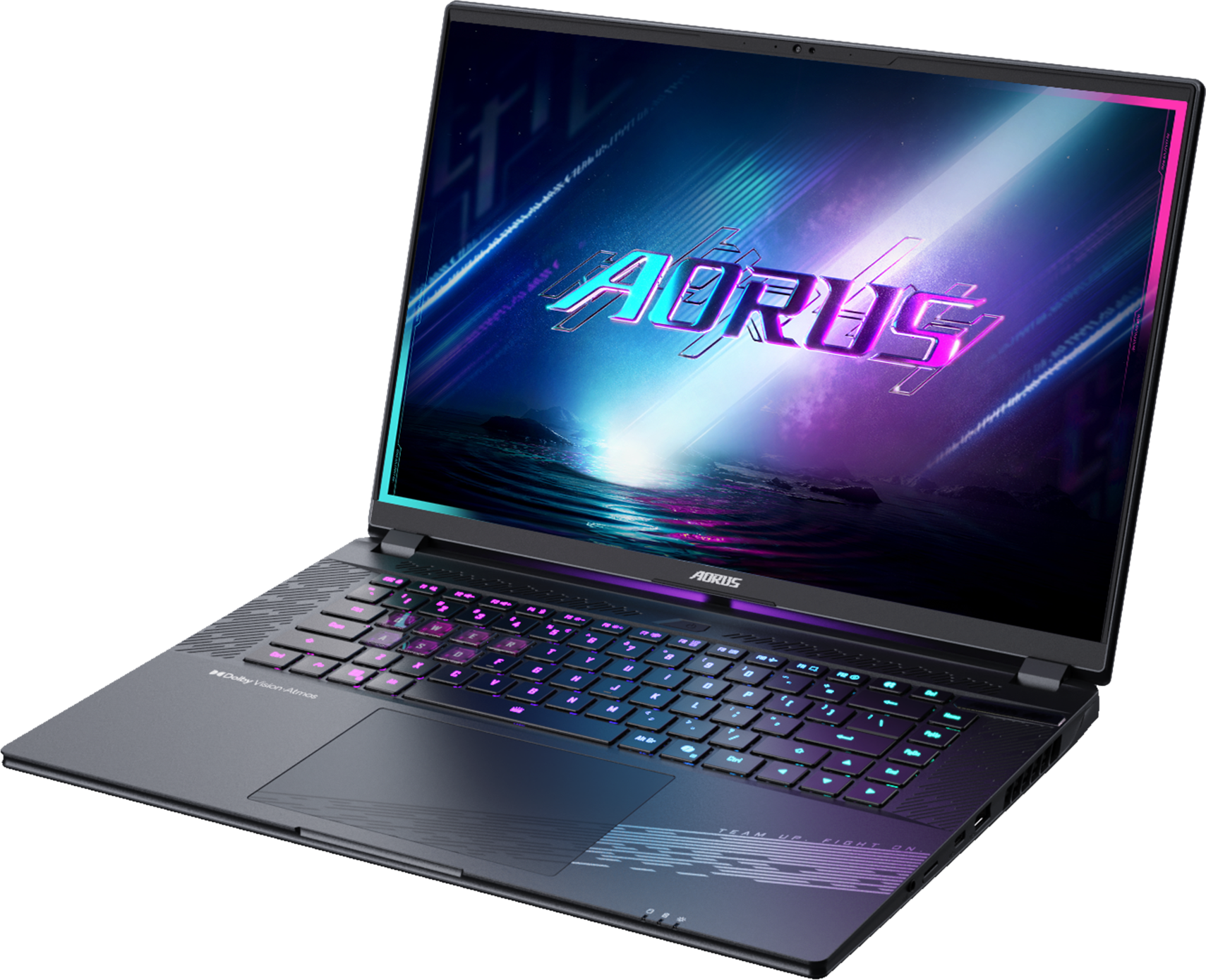 Un ordinateur portable noir avec un logo AORUS lumineux à l'écran et un clavier éclairé.