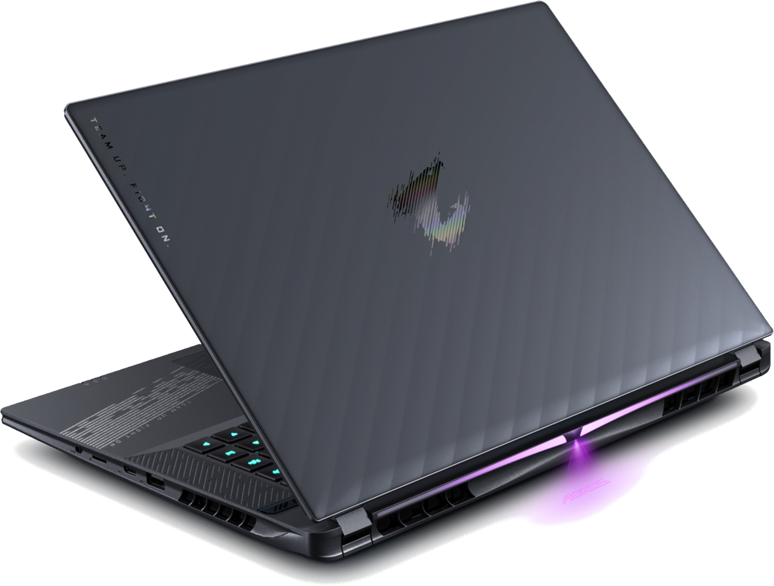 Un ordinateur portable gris foncé avec des touches bleues illuminées et un logo AORUS lumineux à l'arrière.