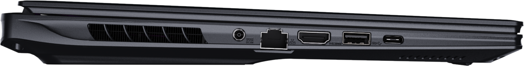 Vue latérale d'un ordinateur portable noir montrant les ports : ventilateur, DC-IN, Ethernet, HDMI, USB-A, USB-C.
