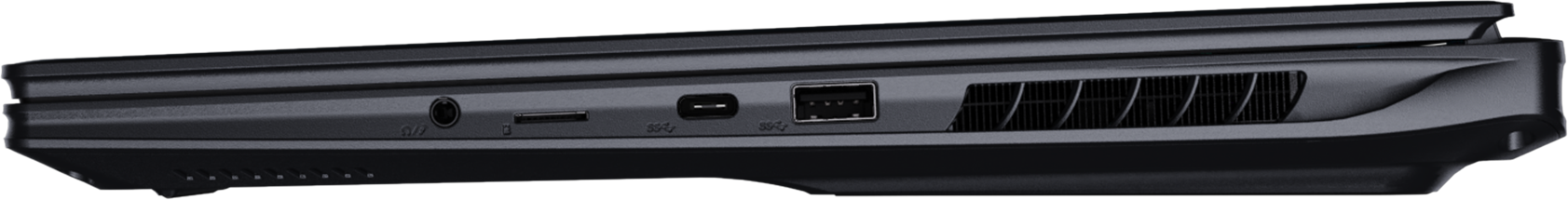 Côté d'ordinateur portable noir avec ports : casque, carte SD, USB-C, USB-A, aérations.