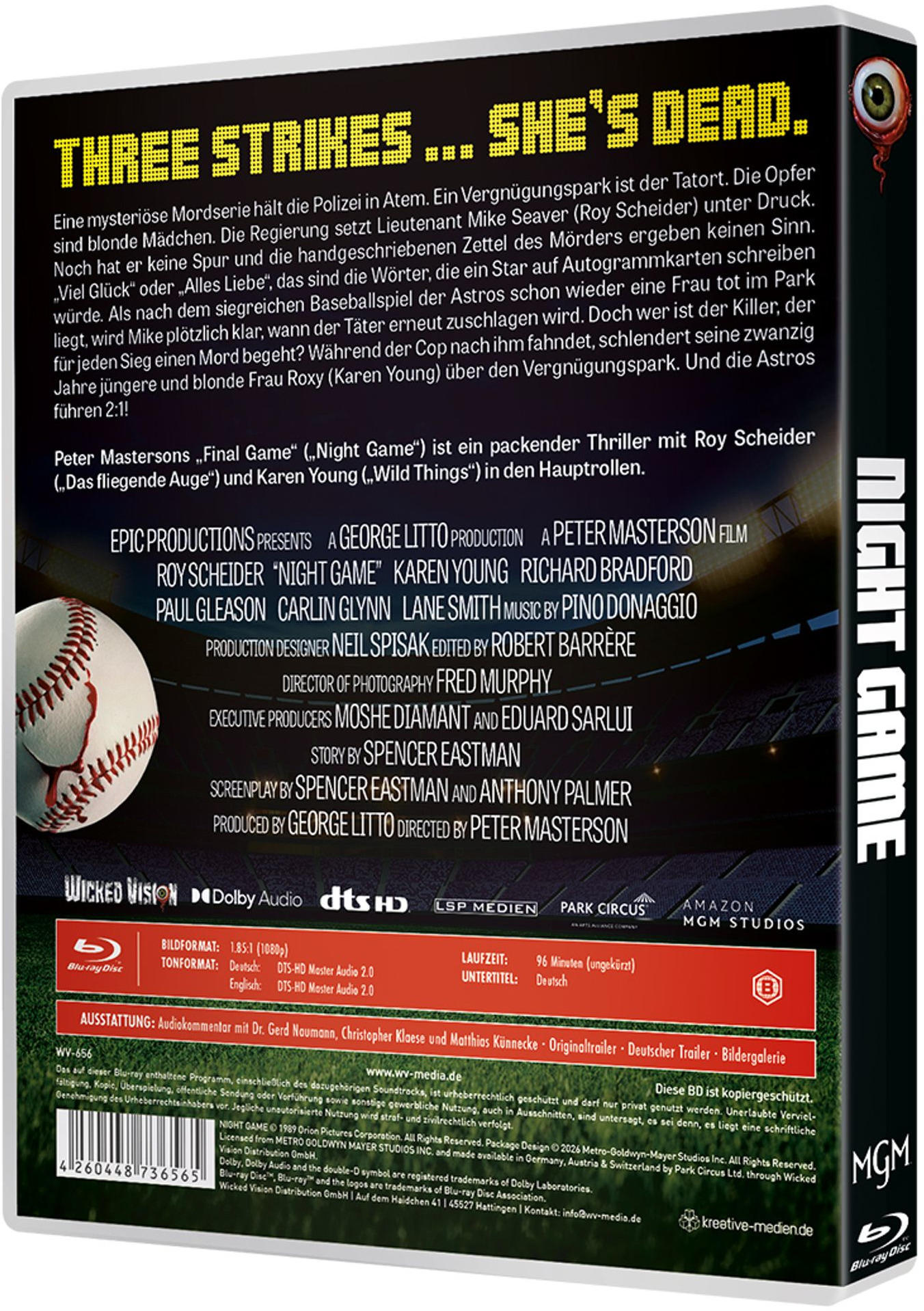 Blu-ray-Hülle mit Filmtitel "Night Game", Baseball und Text.