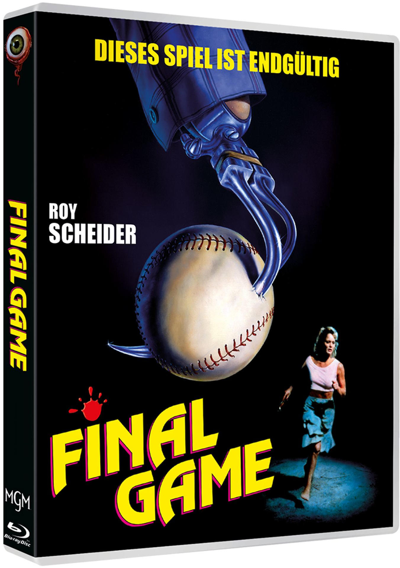Ein Roboterarm greift einen Baseball. Eine Frau rennt.