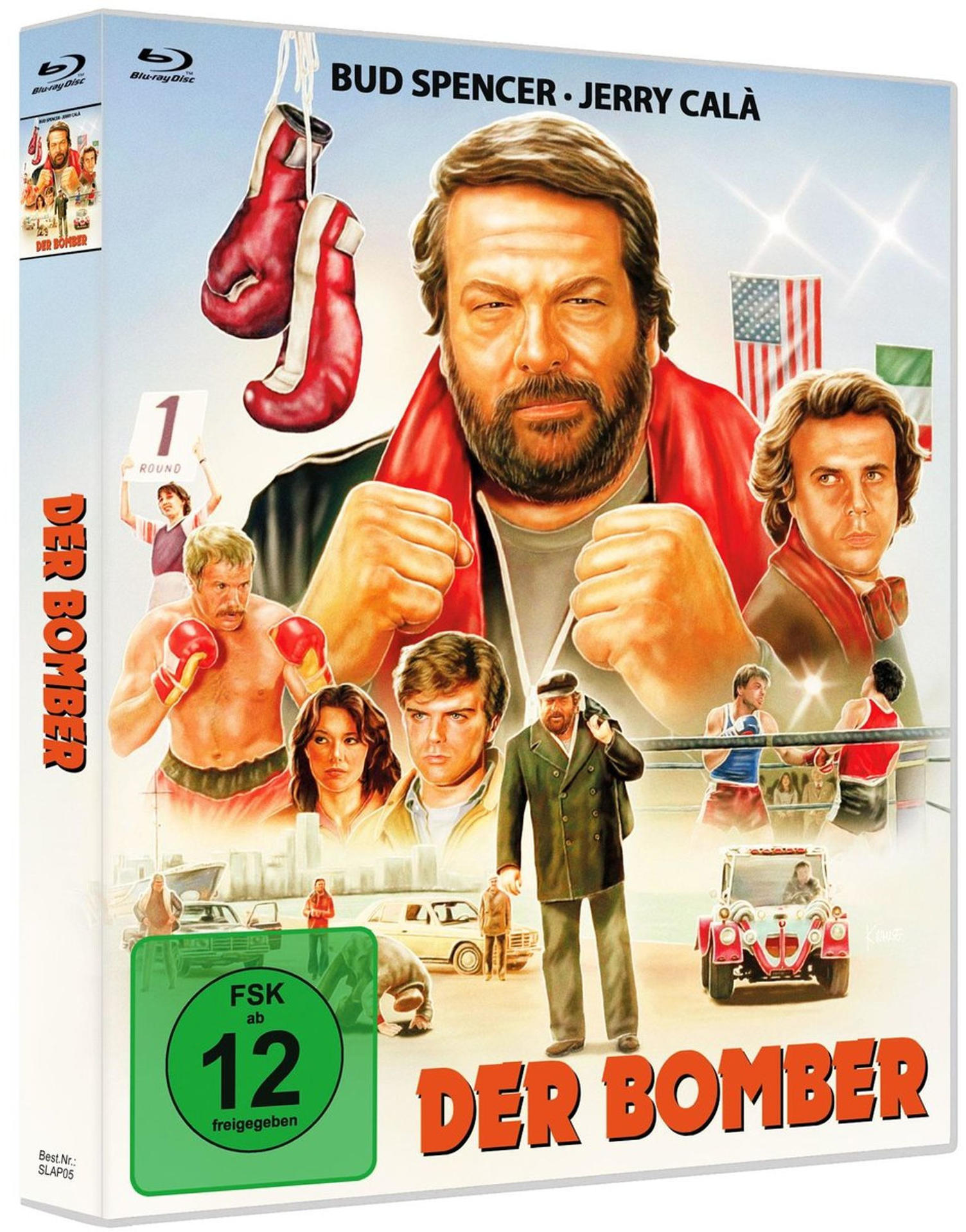 Filmplakat für Der Bomber mit Bud Spencer und Jerry Calà, Boxhandschuhe, Flaggen und Autos.
