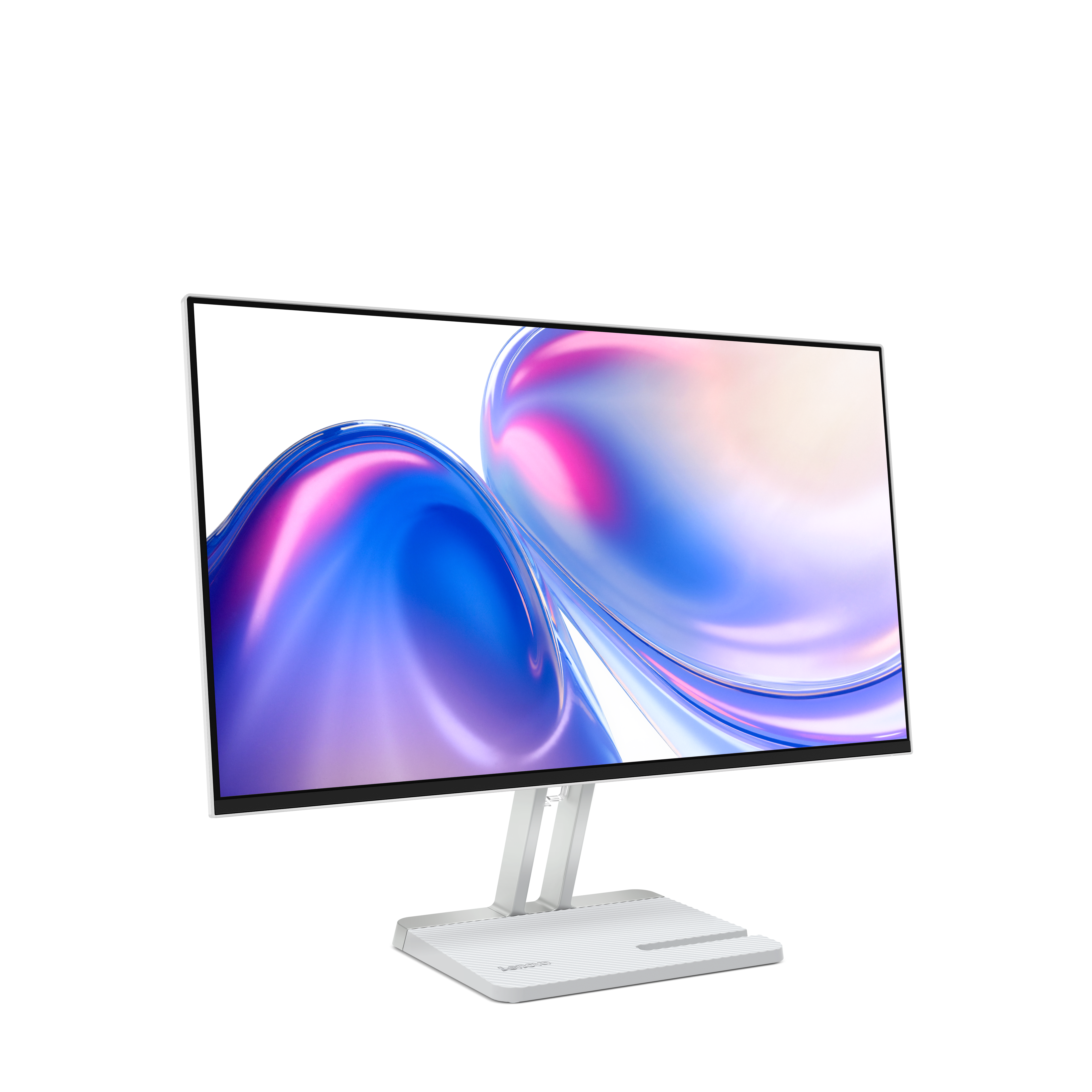 Ekranında soyut, renkli bir arka plan gösteren modern beyaz bir monitör.