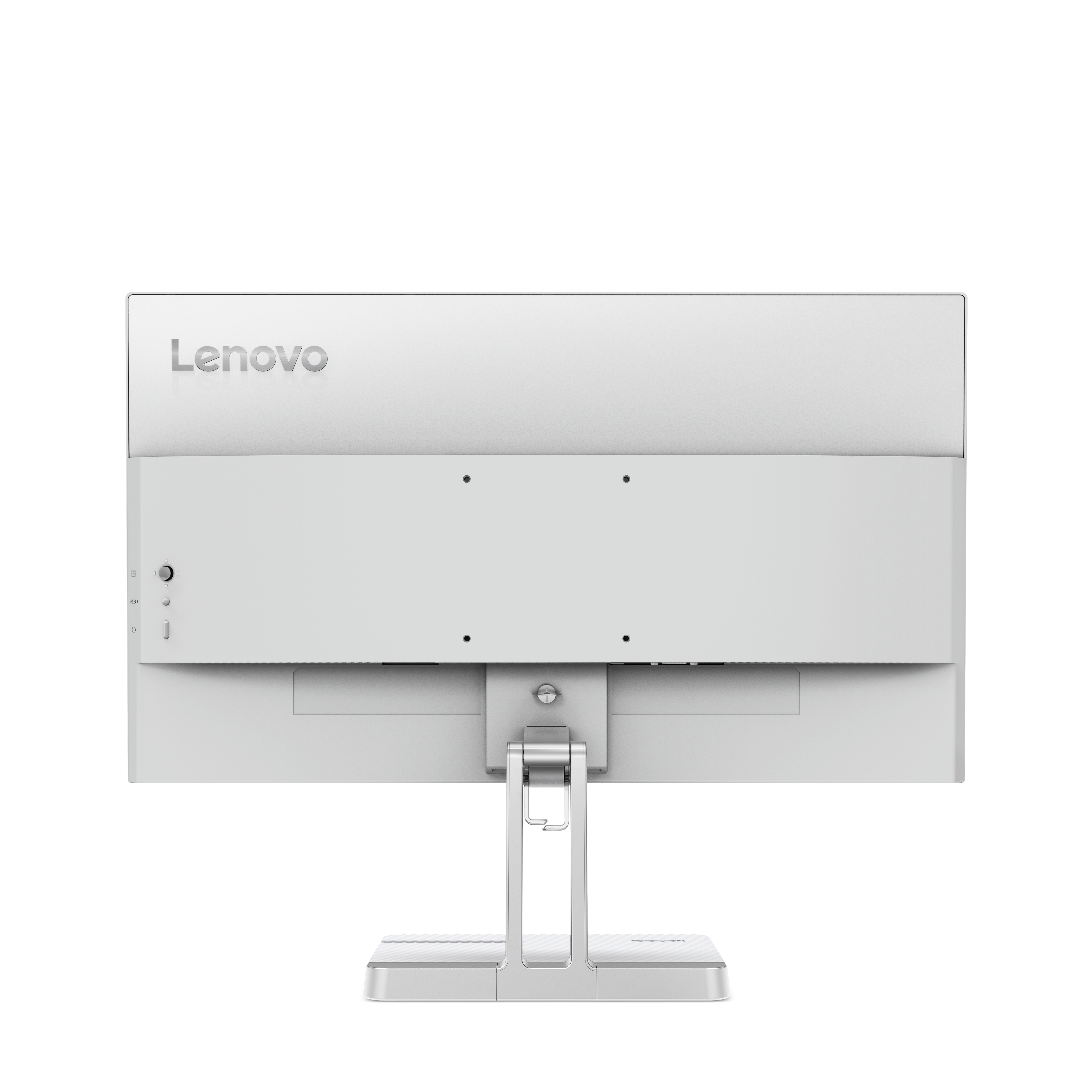 Arkadan görünüm, beyaz Lenovo monitör, stantlı ve portlu.