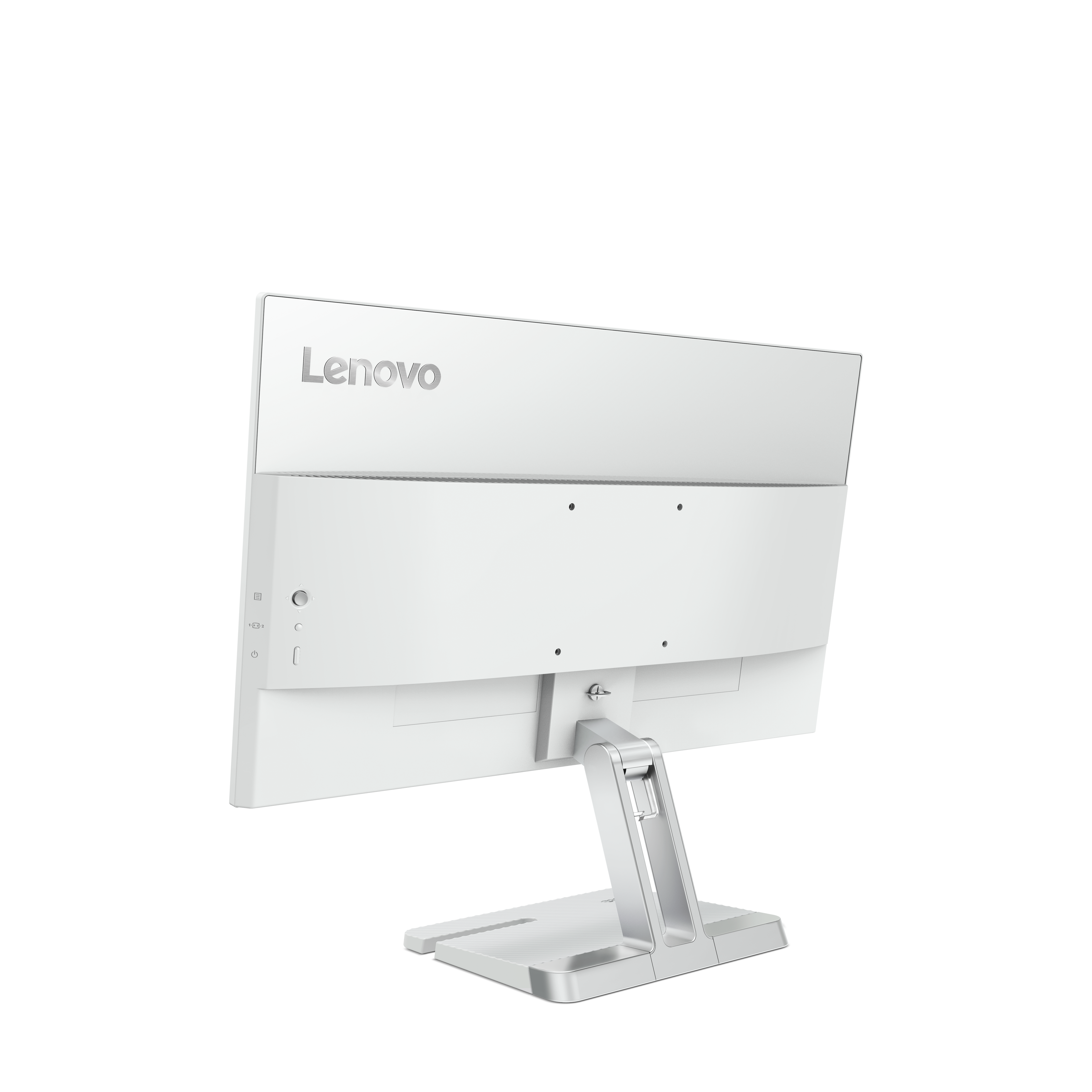 Gümüş renkli stantlı beyaz Lenovo monitörün arka görünümü.