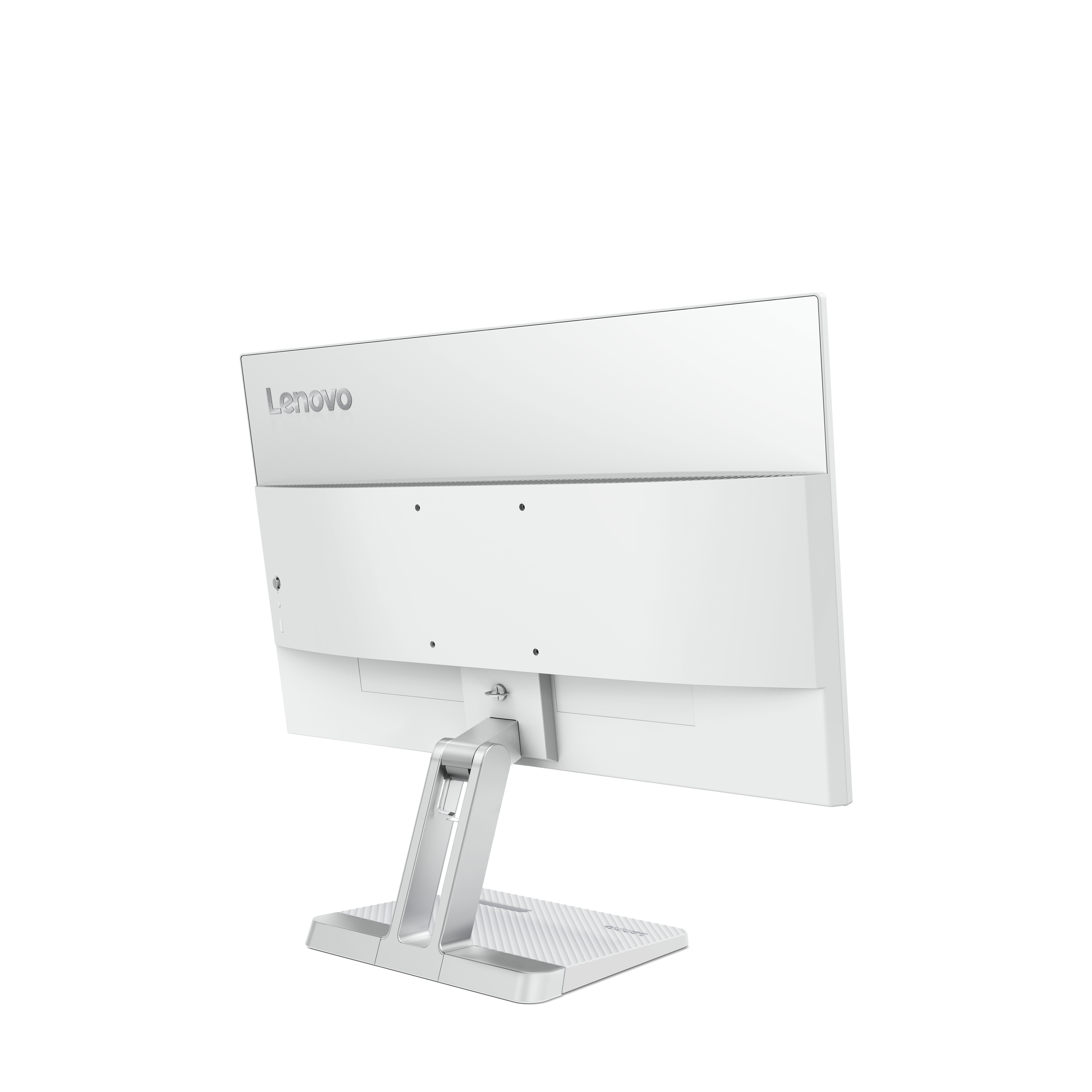 Gümüş stand üzerinde beyaz bir Lenovo monitörünün arkası.