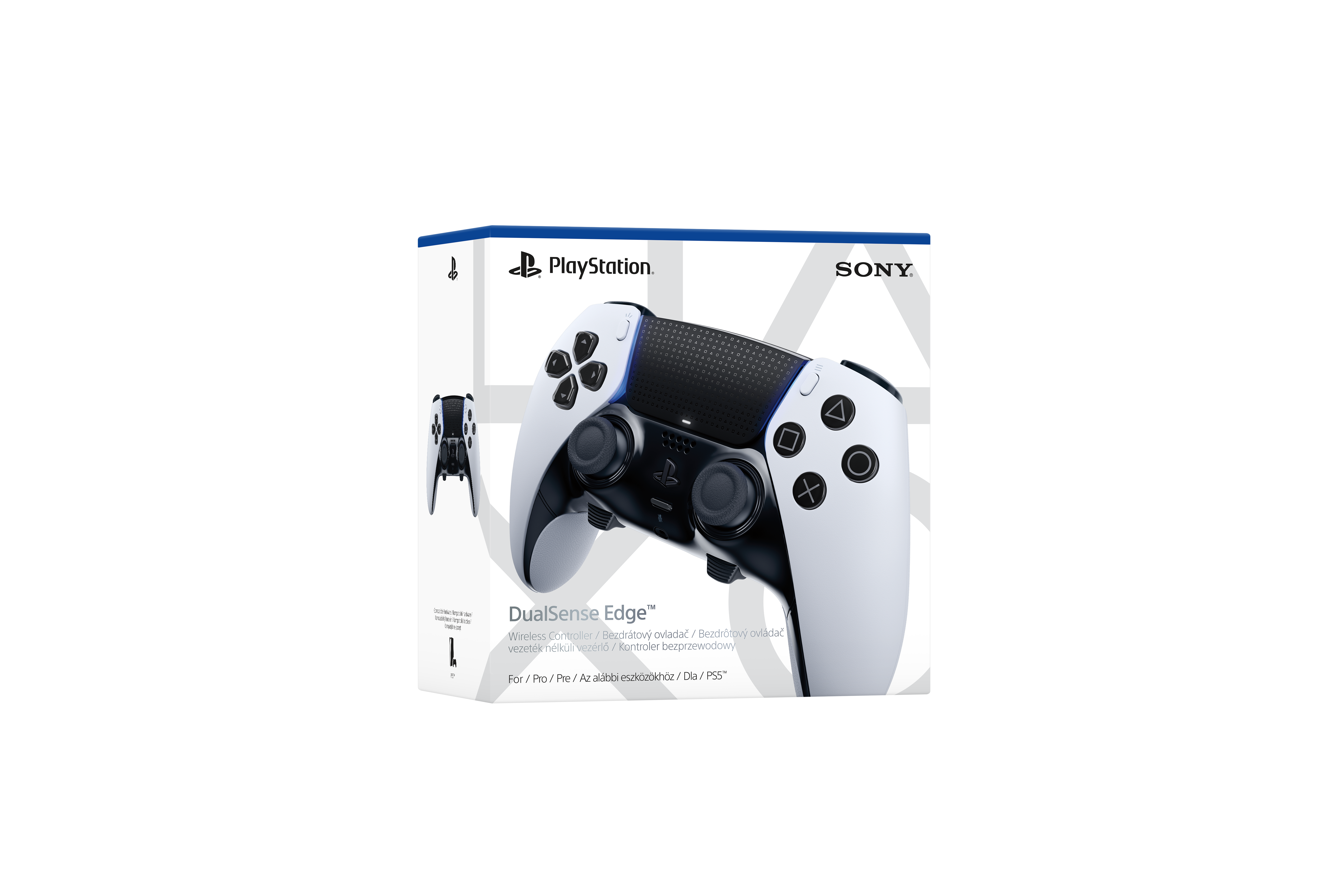 PlayStation DualSense Edge Kablosuz Kontrolcü, beyaz ambalaj üzerinde.