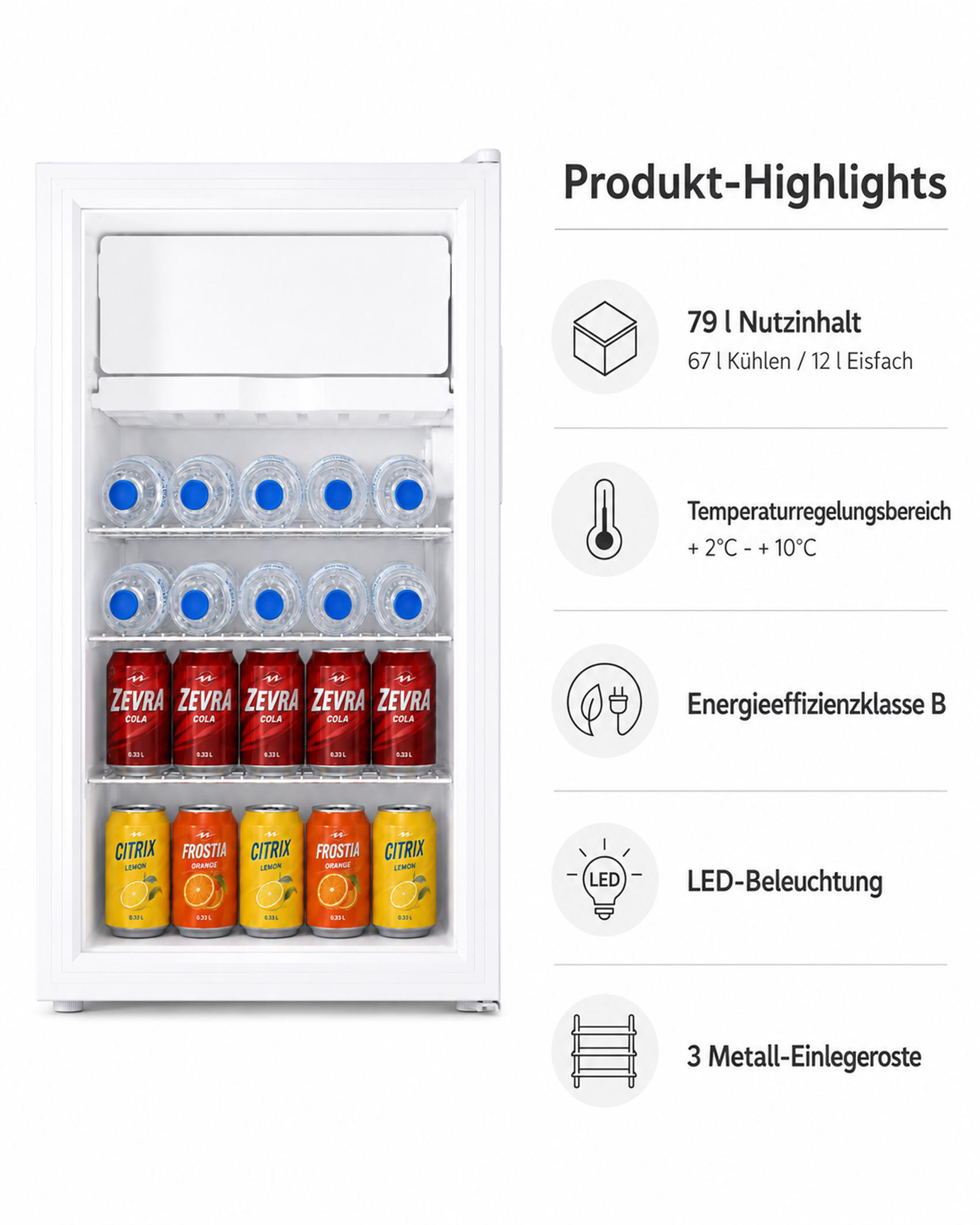 Kühlschrank mit Flaschen und Dosen, Produkt-Highlights und Energieeffizienz.