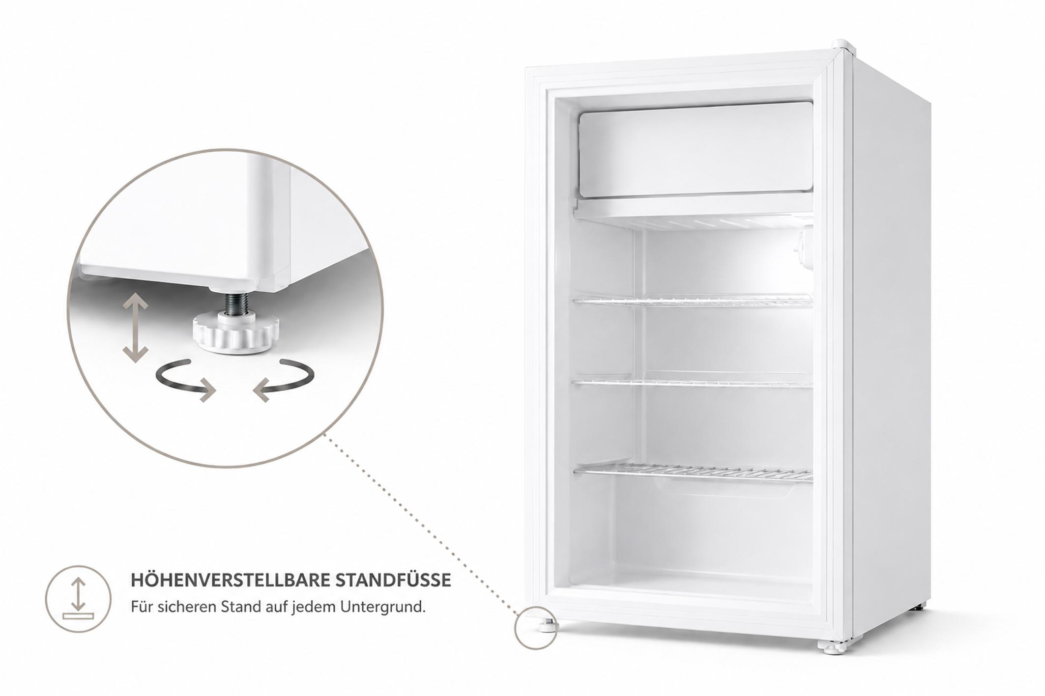 Weißer Minikühlschrank mit verstellbaren Füßen, Innenfächern und Kühlfach.